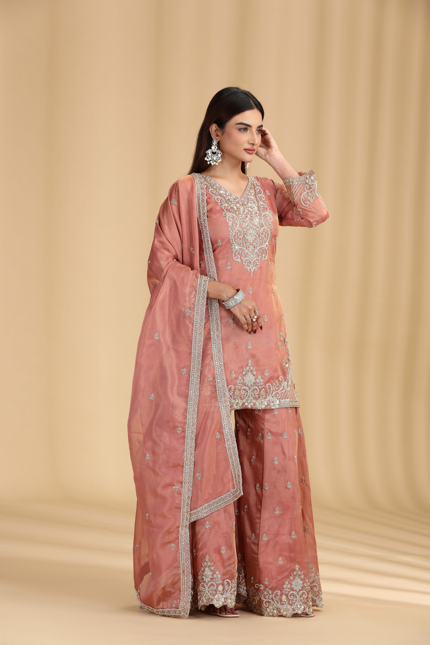 Peach Tissue Suit Set with Sequins, Cutdana & Zari Work