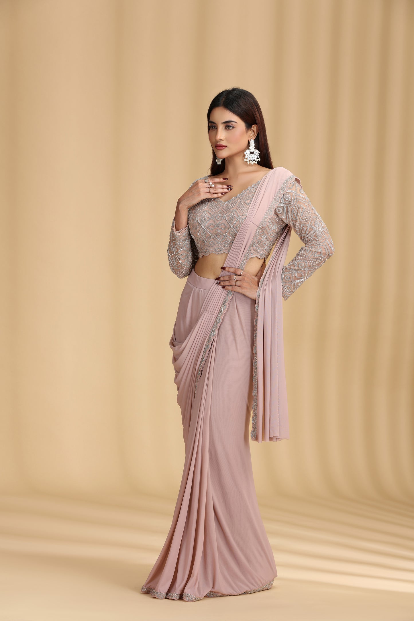 Beige Draped Saree with Intricate Beaded Blouse