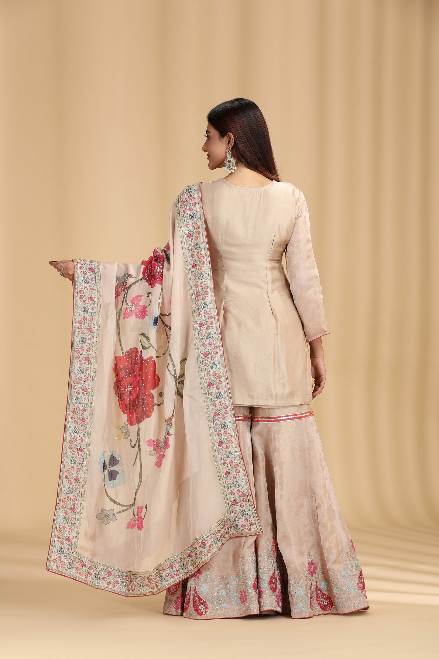 Beige Tissue Organza Outfit with Aari & Appliqué Work