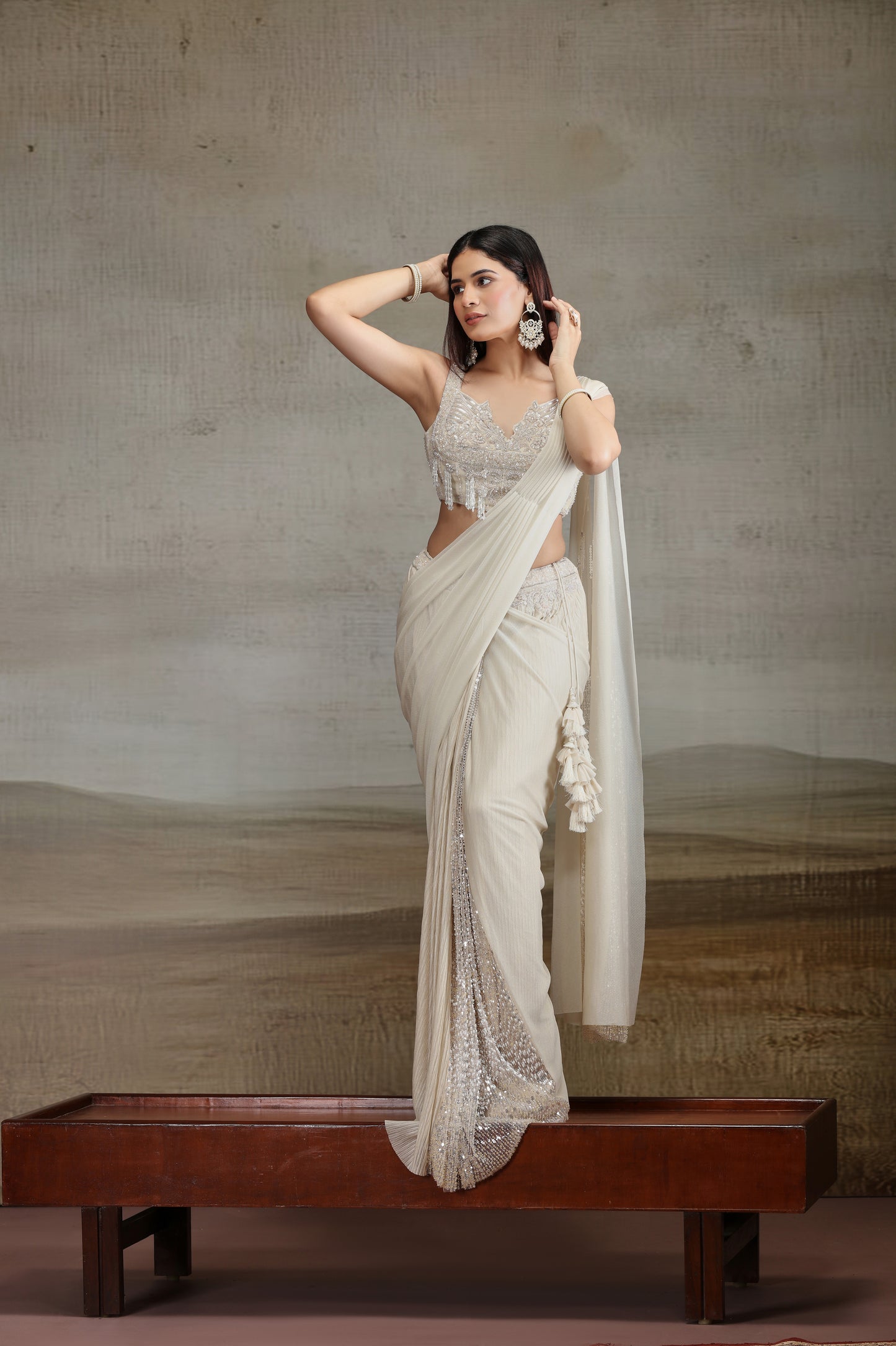 Beige Draped Saree with Embellished Blouse
