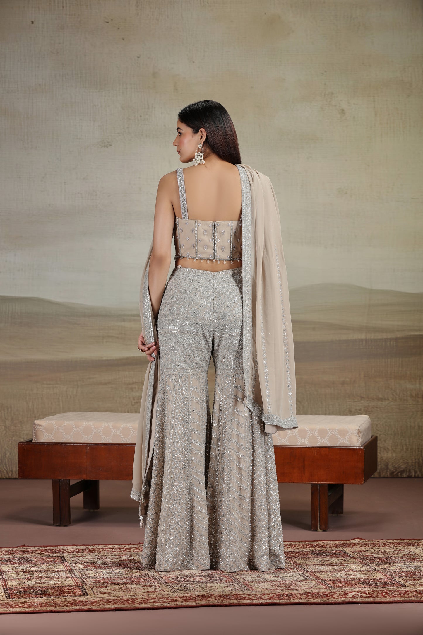 Beige Georgette Outfit with Sequins, Pearls & Stone Work