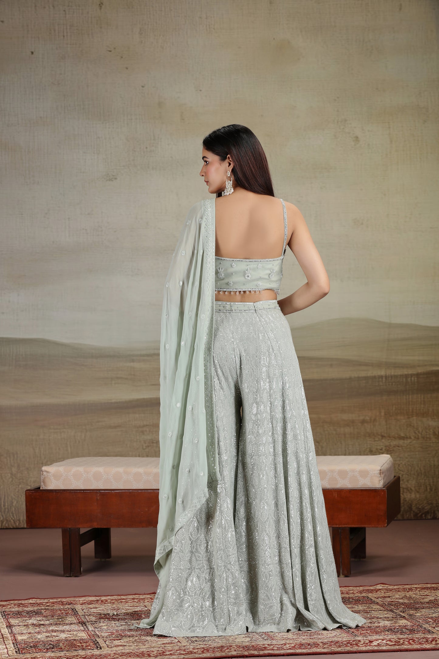Sage Green Net & Georgette Outfit with Sequins & Stone Work