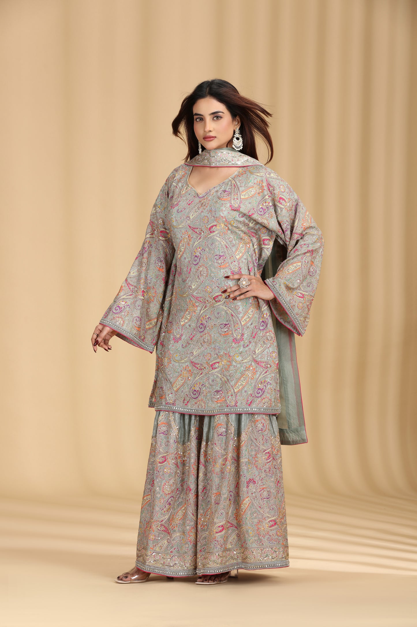 Light Pista Crepe Suit Set with Sequins, Cutdana, Print & Zari Work