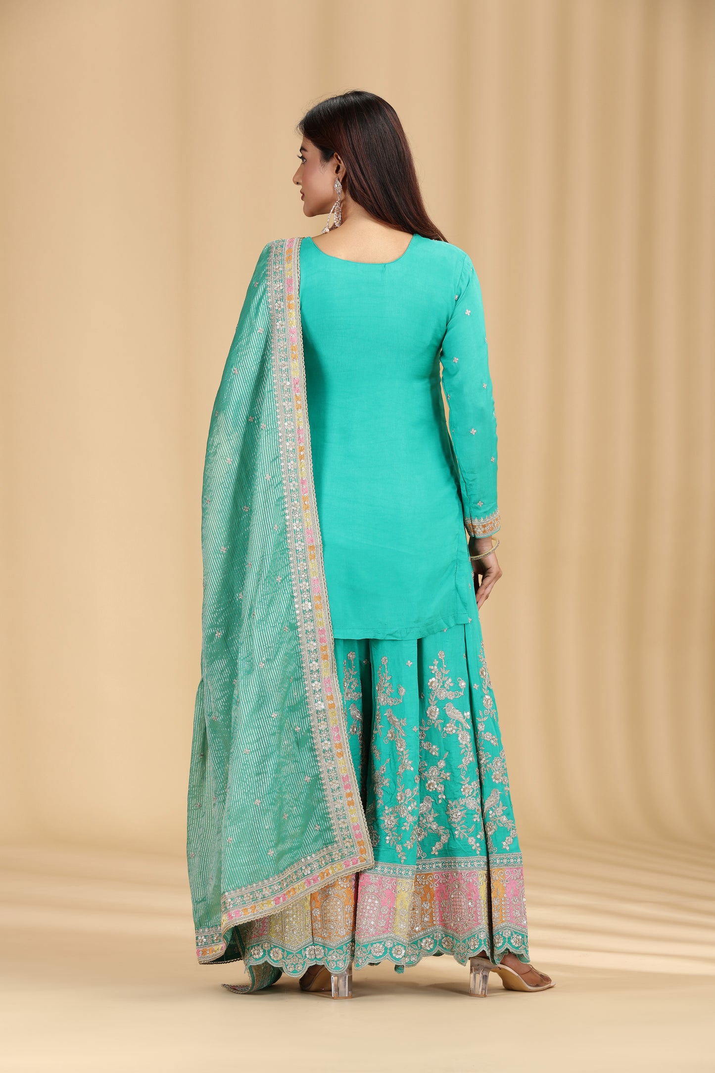 Green Organza Outfit with Mirror & Zari Work