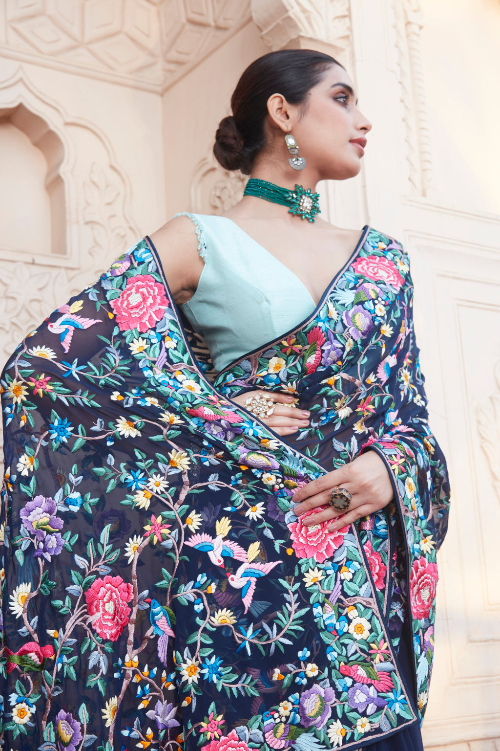 Dark Blue Georgette Saree with Vibrant Bird and Floral Resham Weaving