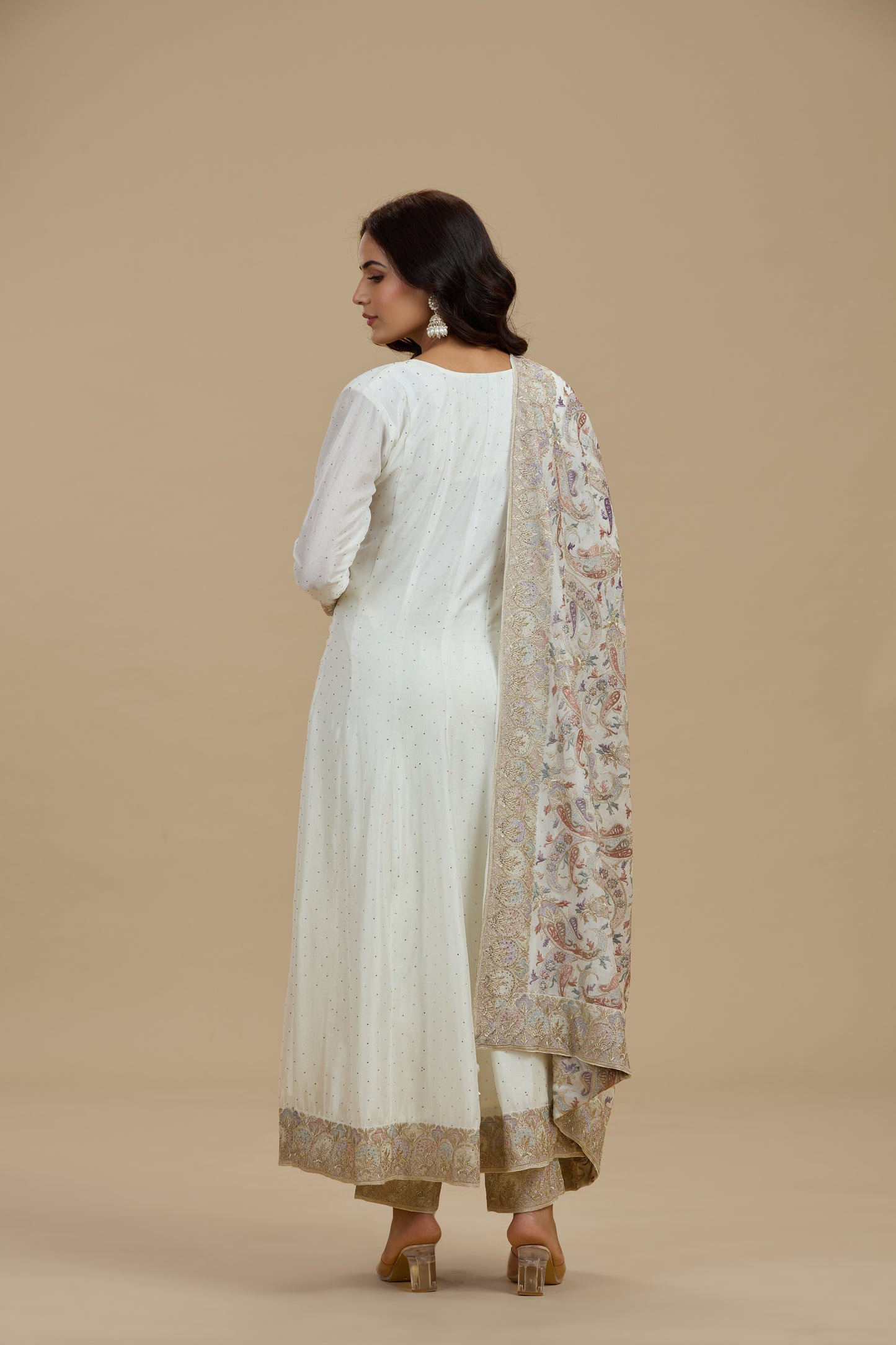 Ivory Dola Silk Suit Set with Thread Work, Swarovski & Zari Work