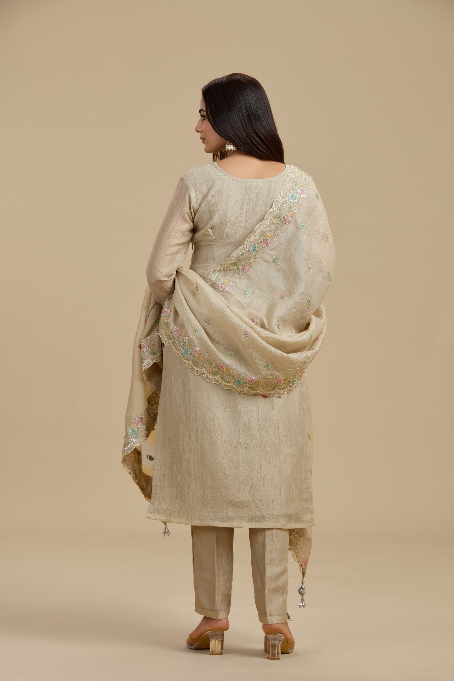 Beige Tissue Suit Set with Sequins, Thread Work, Swarovski & Zari Work