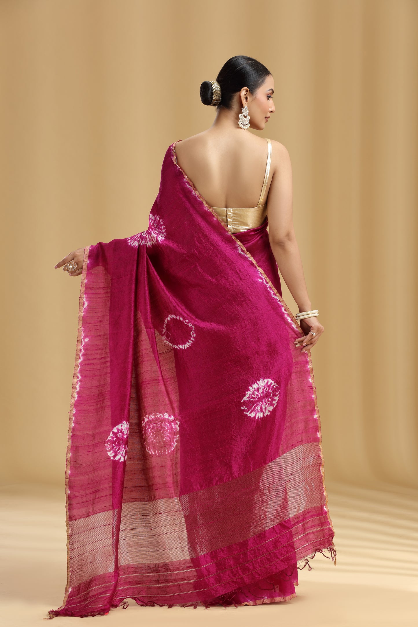 Magenta Dola Silk Batik Print Saree (Unstitched)