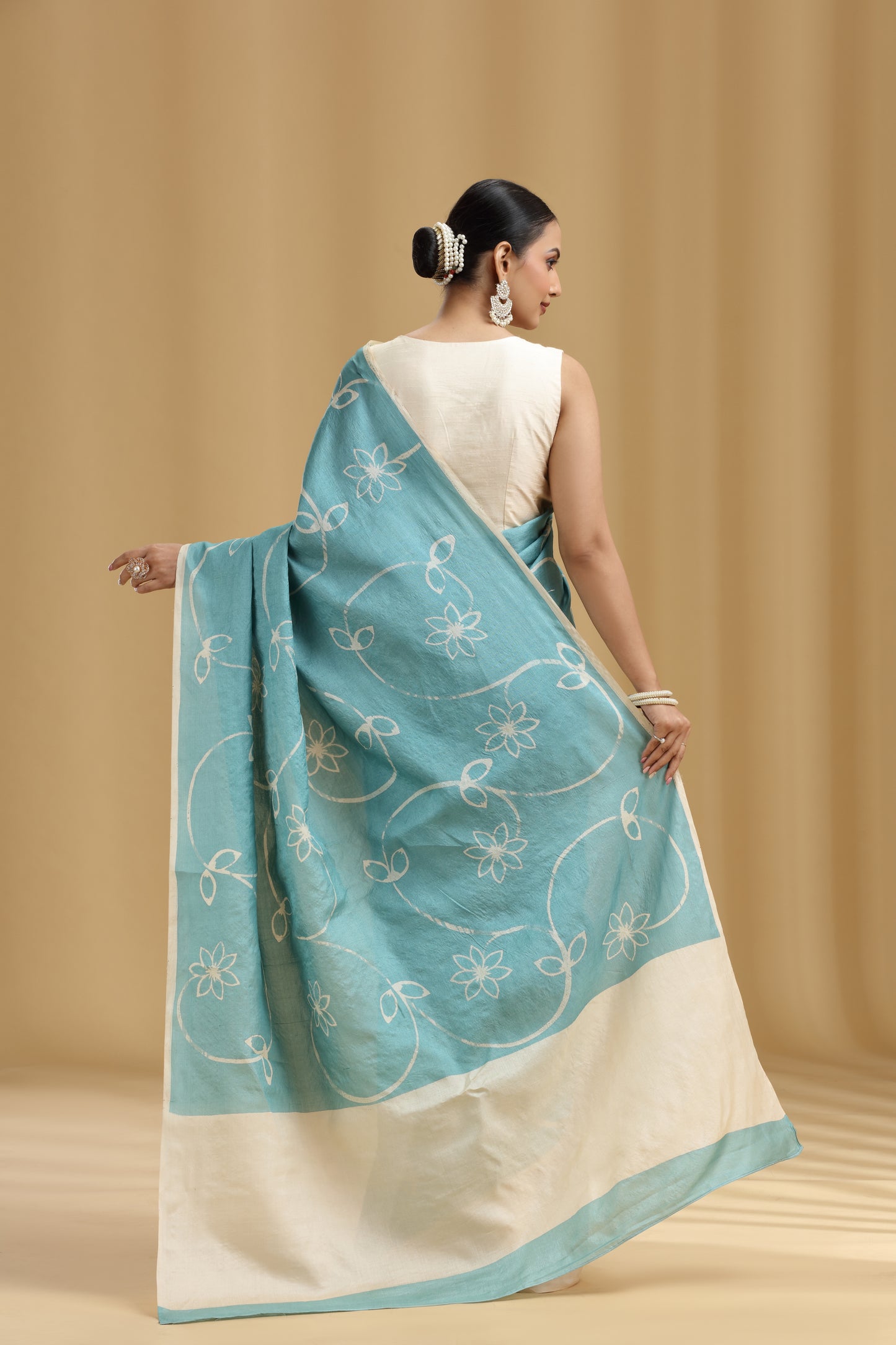 Ice Blue Dola Silk Tussar Print Saree (Unstitched)