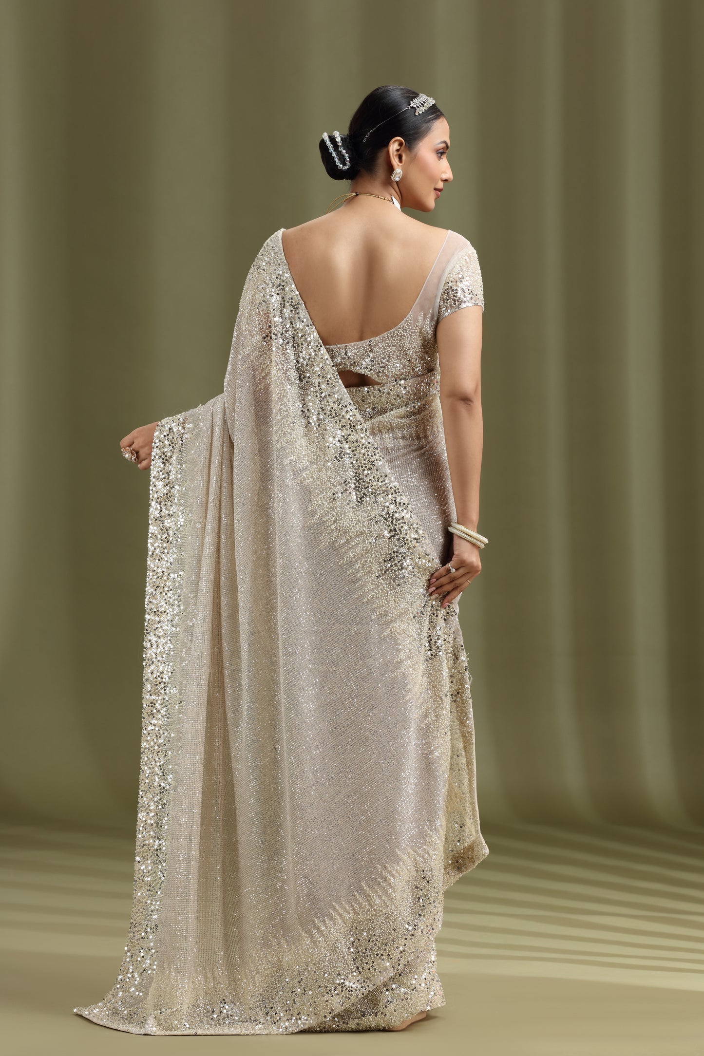 Ivory Net Saree with Sequins, Beads & Cutdana Work (Stitched Blouse)