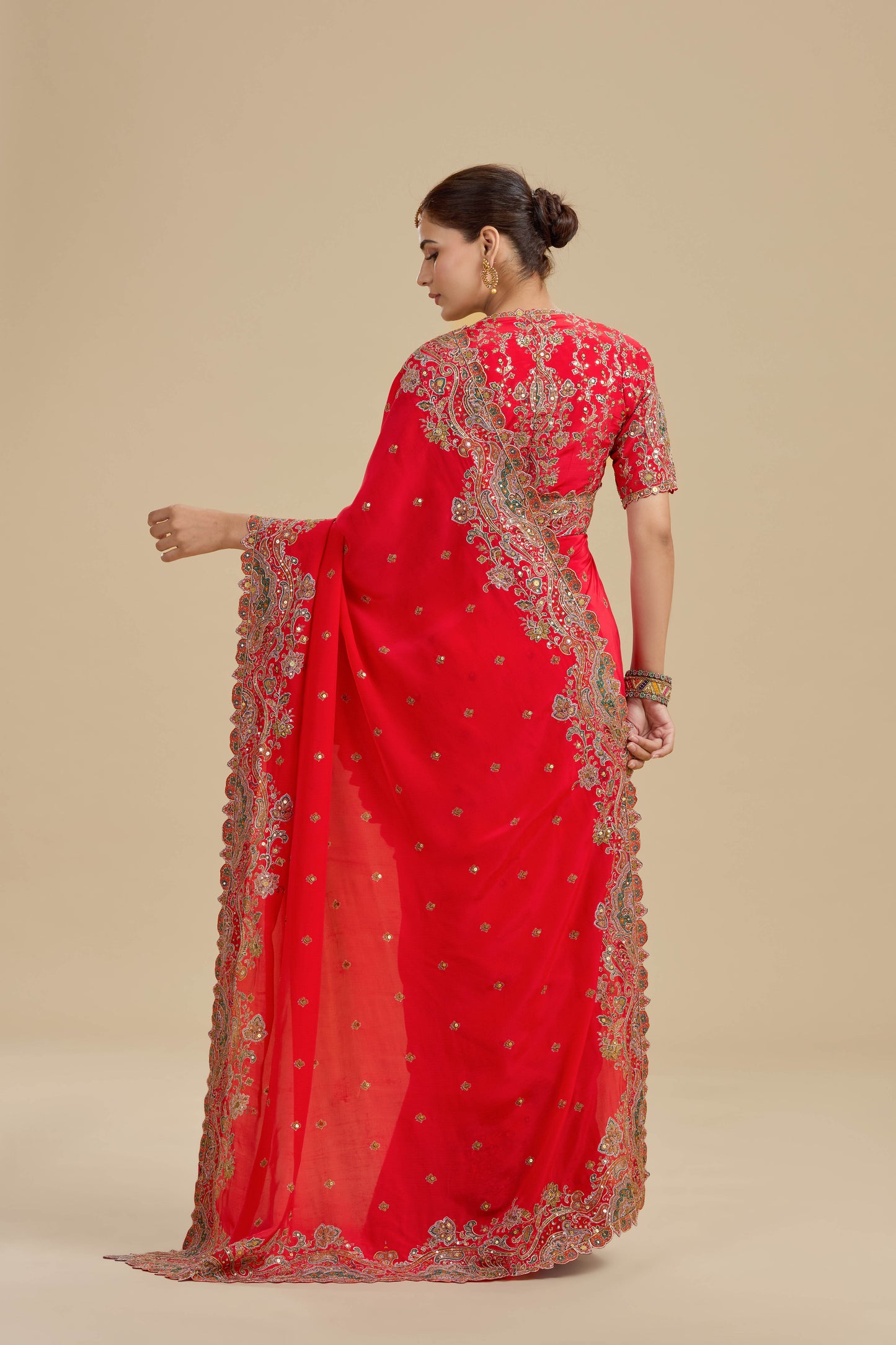 Koral Red Printed Crepe Saree with Unstitched Blouse