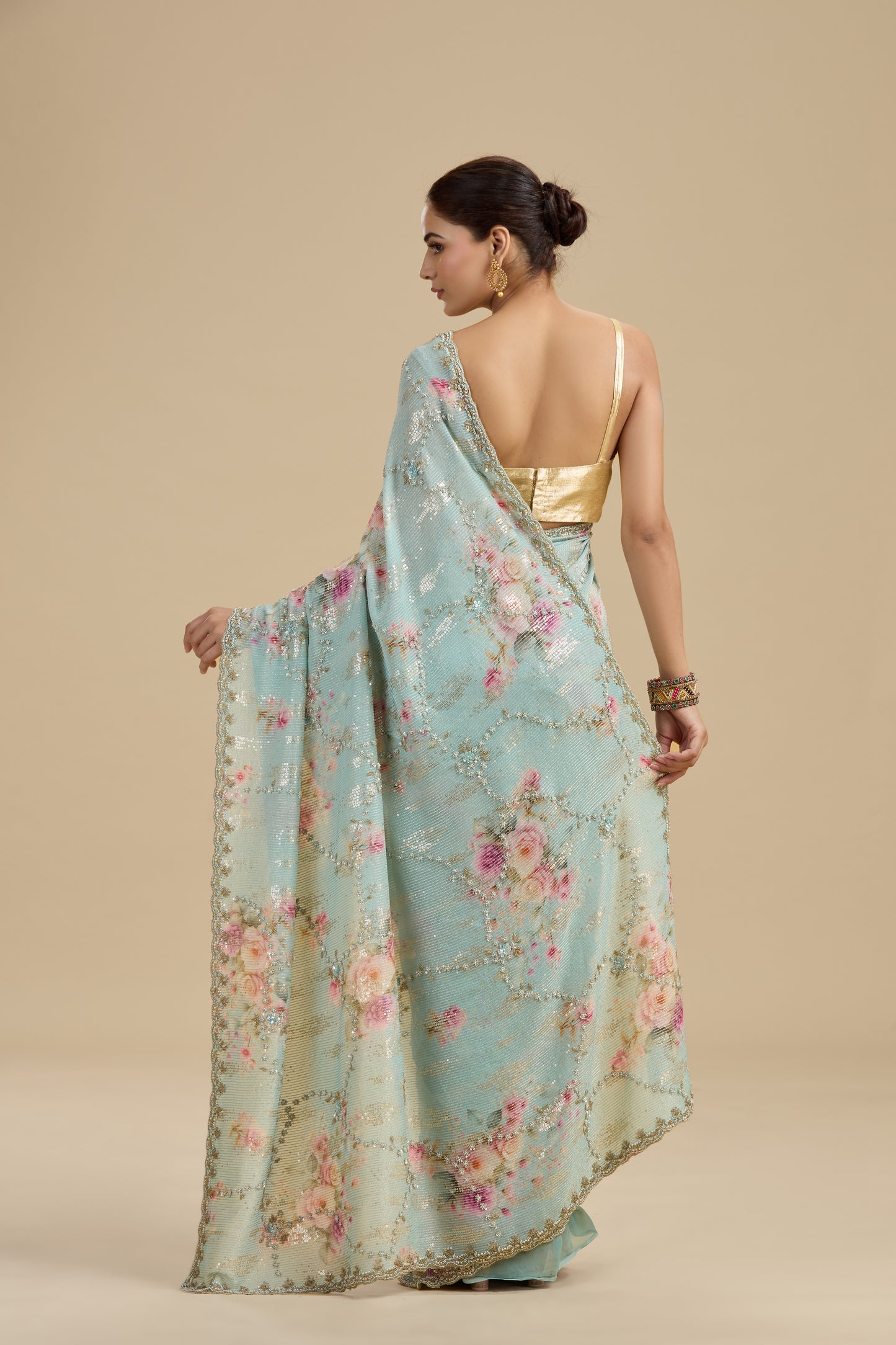 Light Blue Embellished Georgette Saree with Unstitched Blouse