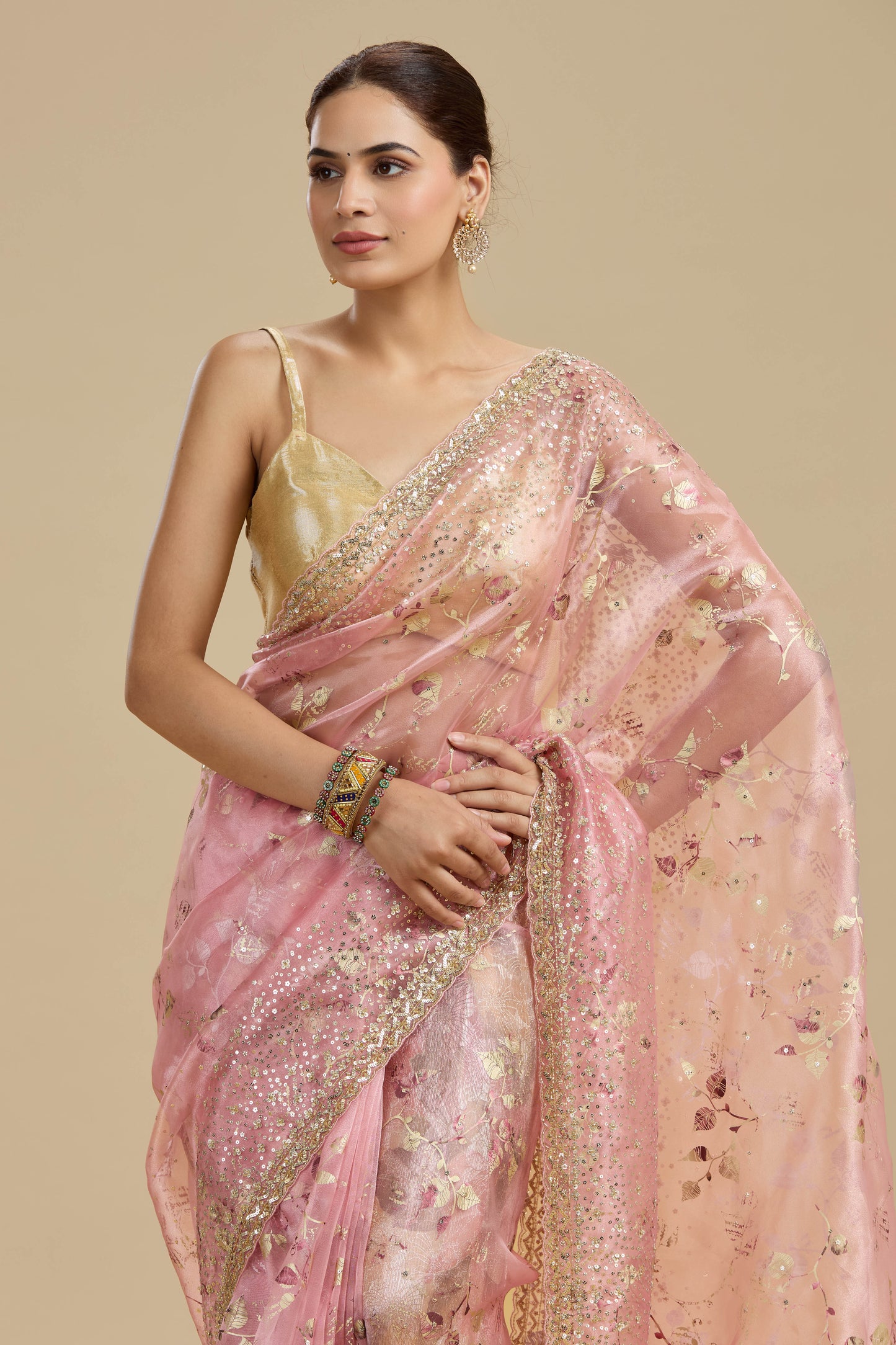 Pink Gold Foil Printed Tissue Organza Saree with Unstitched Blouse