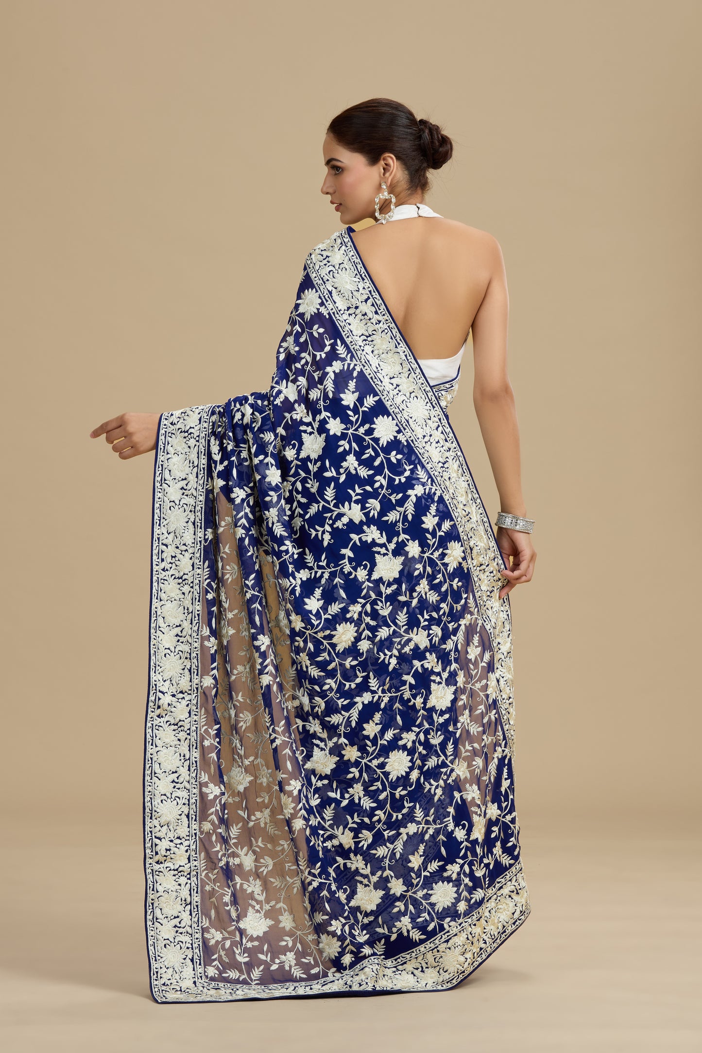 Navy Blue Threadwork Georgette Saree with Unstitched Blouse