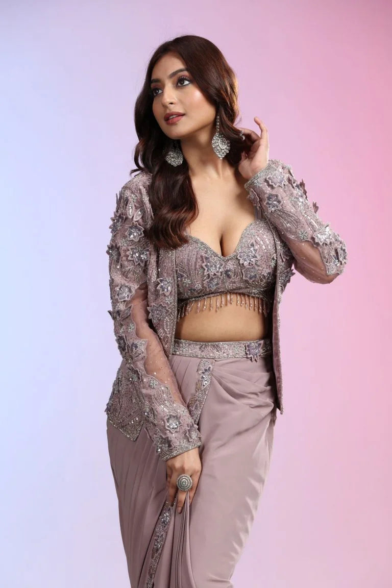 Dusty Mauve Skirt, Top and Jacket Indowestern Lehenga Set