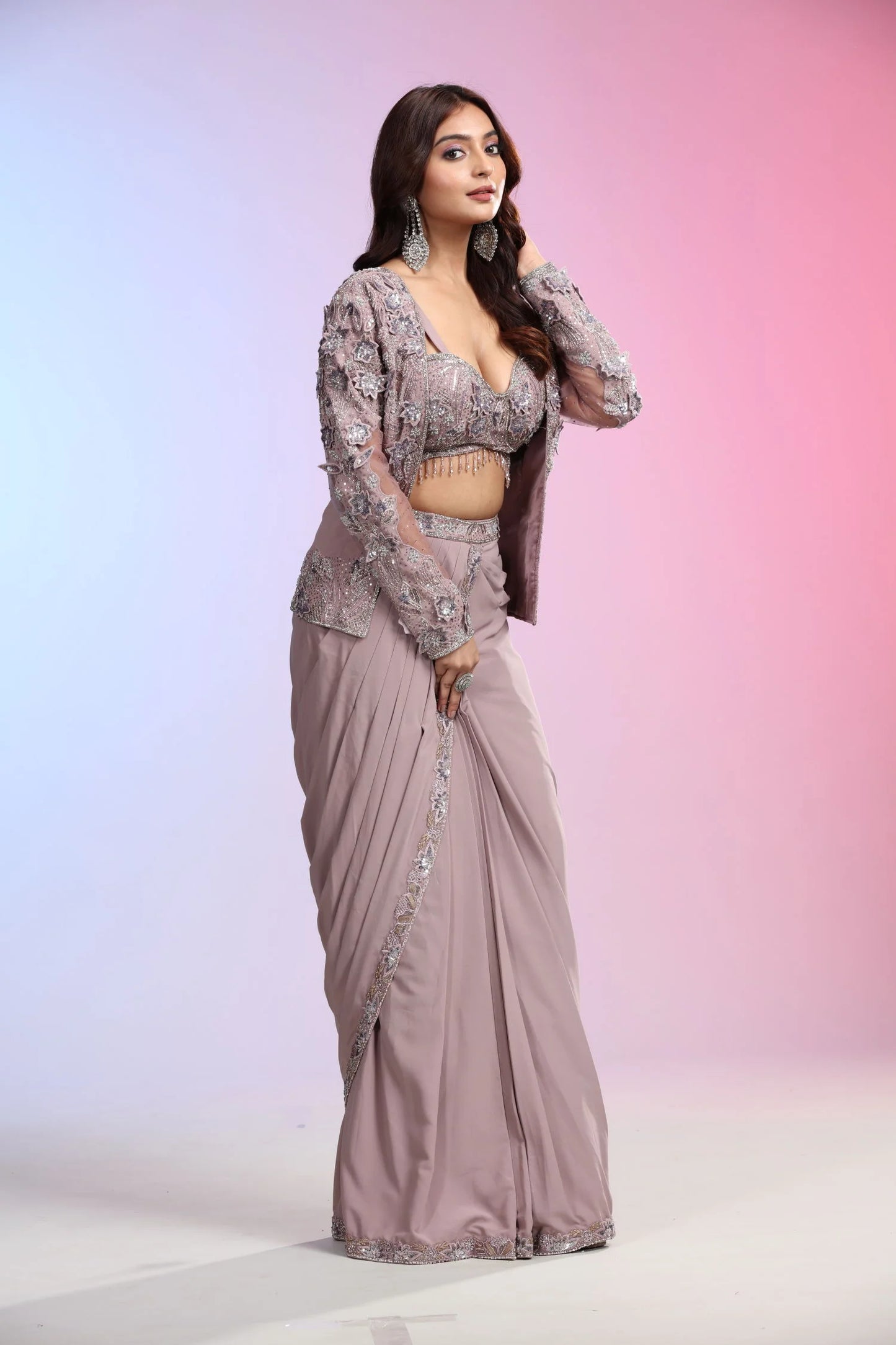 Dusty Mauve Skirt, Top and Jacket Indowestern Lehenga Set
