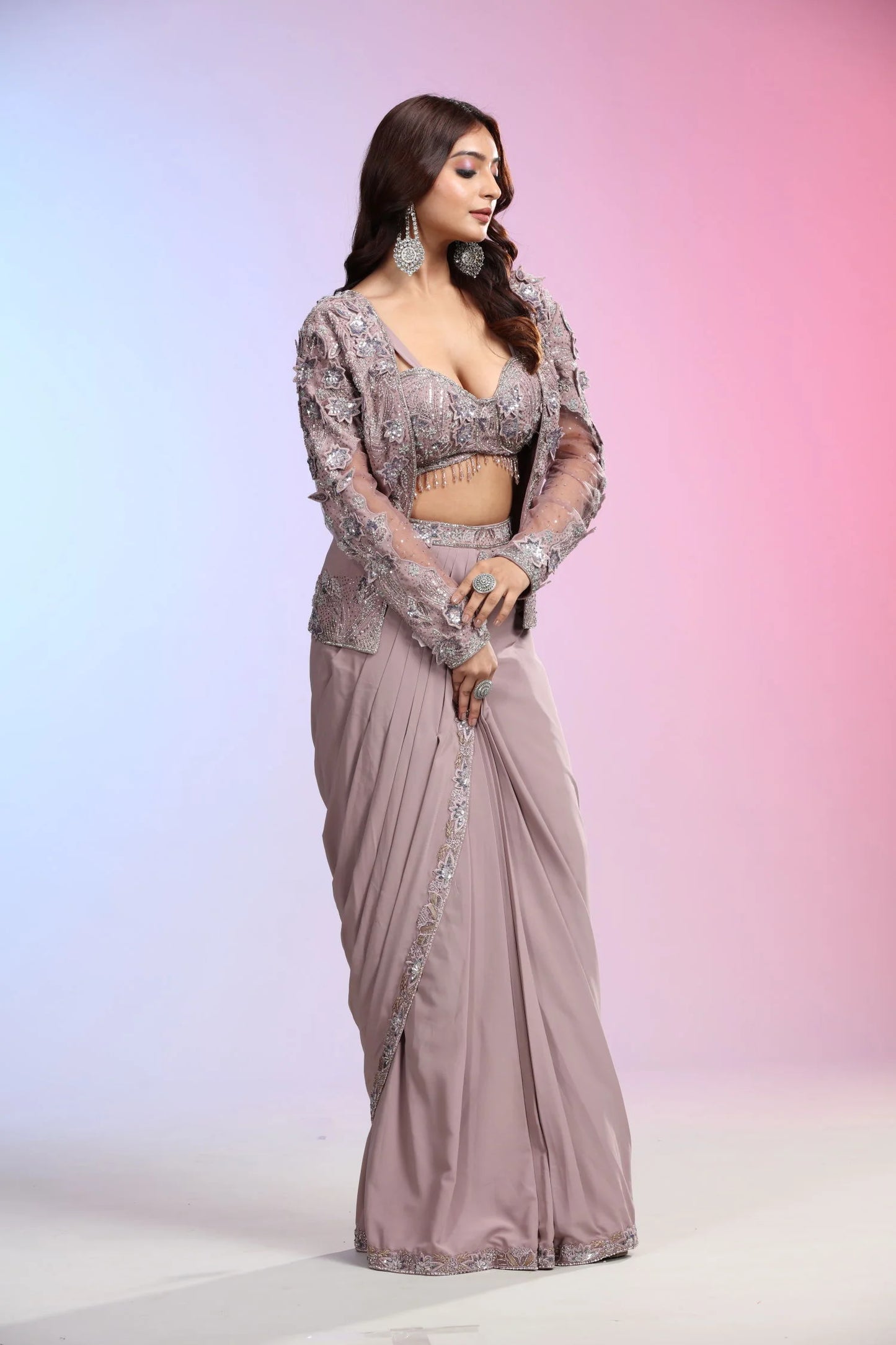 Dusty Mauve Skirt, Top and Jacket Indowestern Lehenga Set