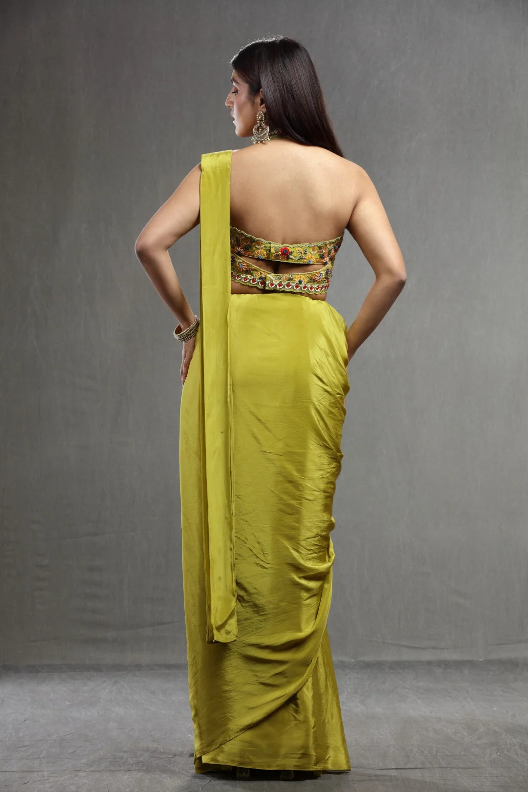 Pear Green Crepe Saree with Embroidered Stitched Blouse