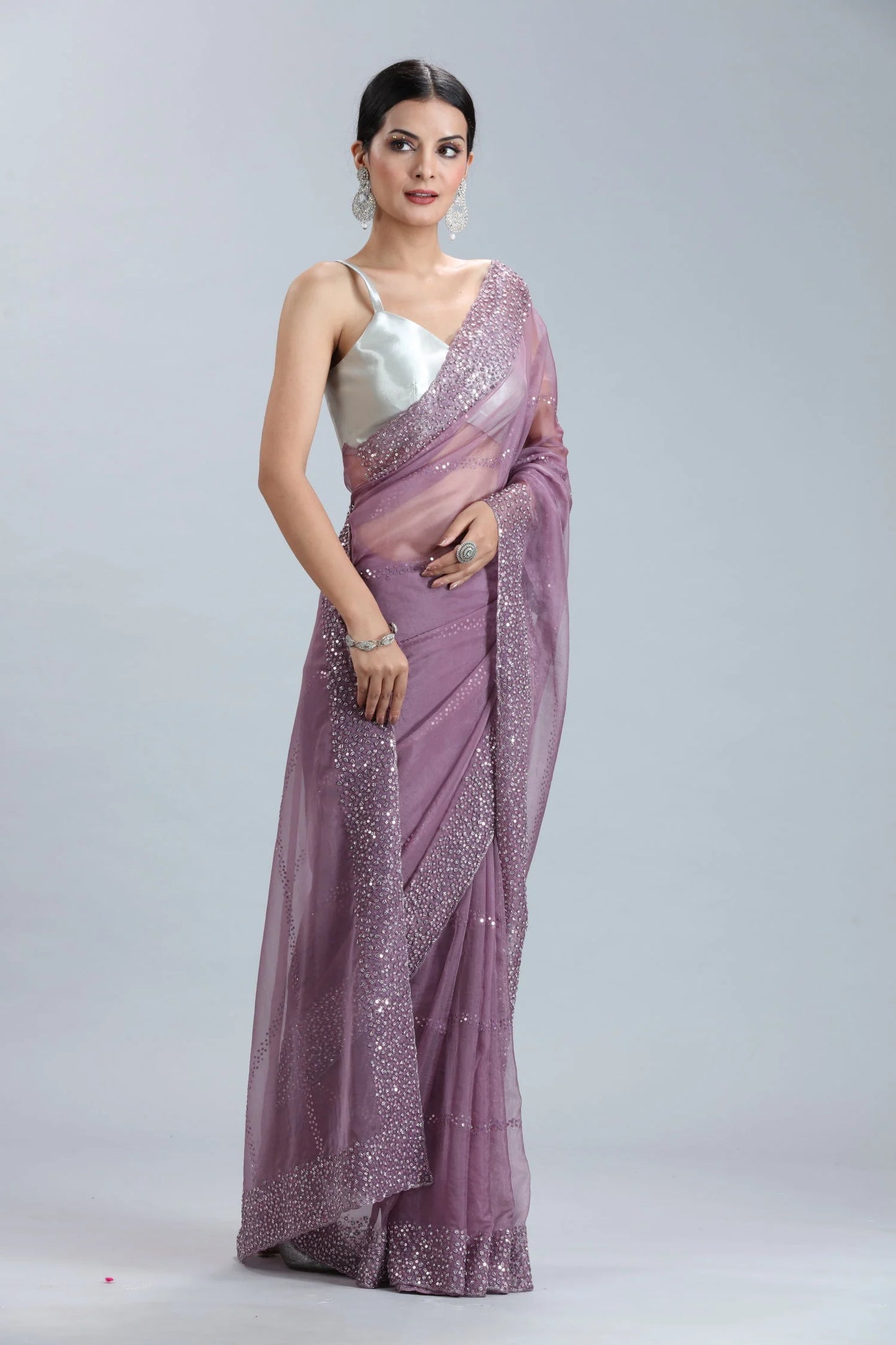 Mauve Organza Saree with Sequins, Cutdana & Stone Embellishments
