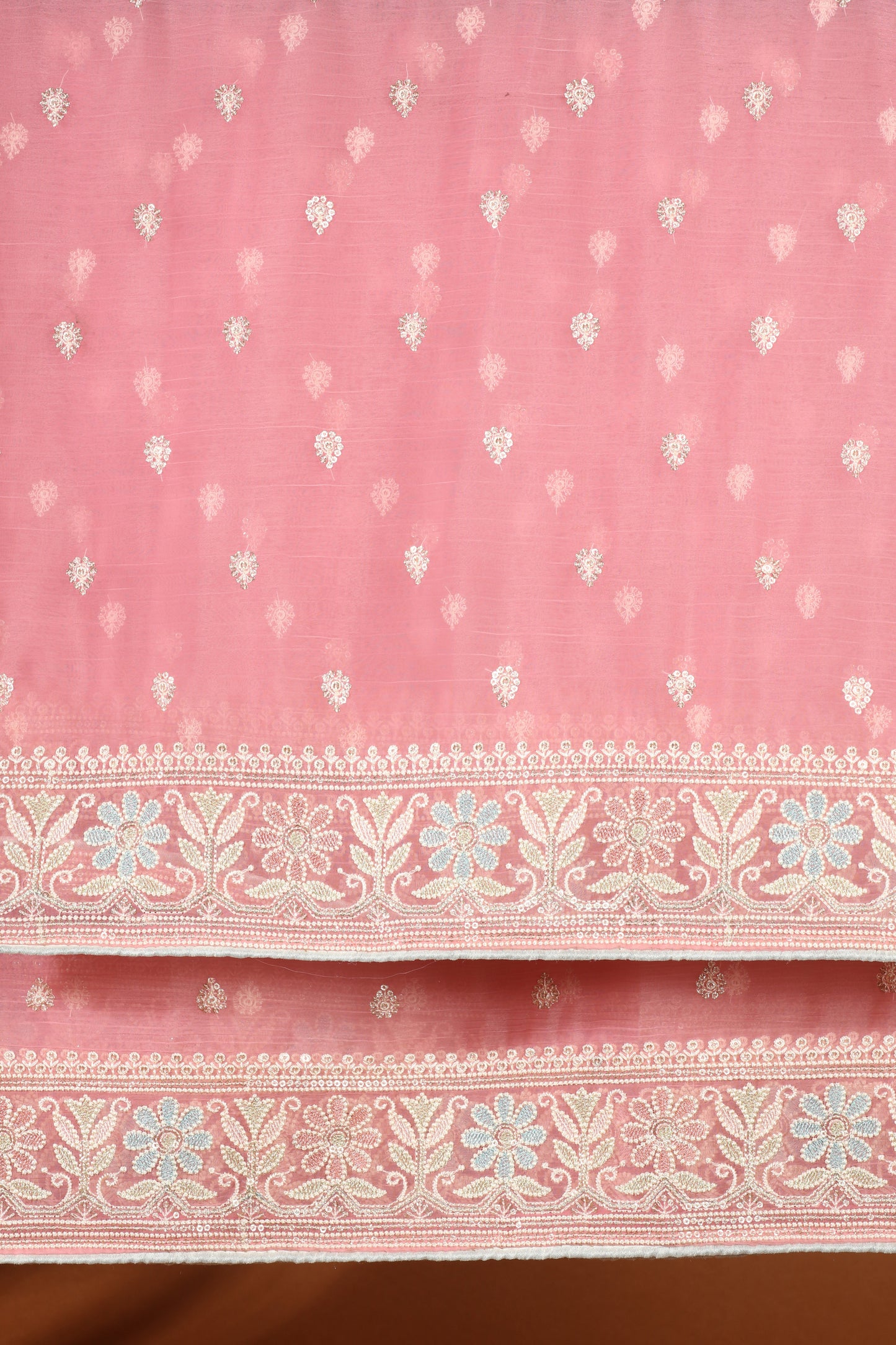 Blush Pink Organza & Kathan Silk Semi-Stitched Dress Fabric Suit