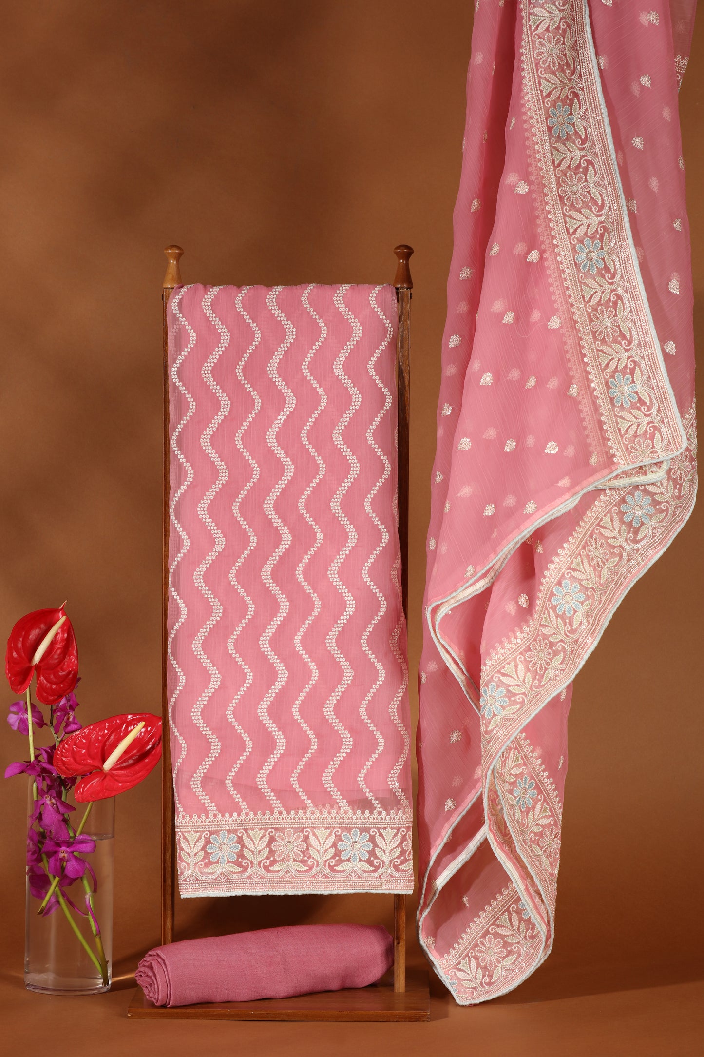 Blush Pink Organza & Kathan Silk Semi-Stitched Dress Fabric Suit