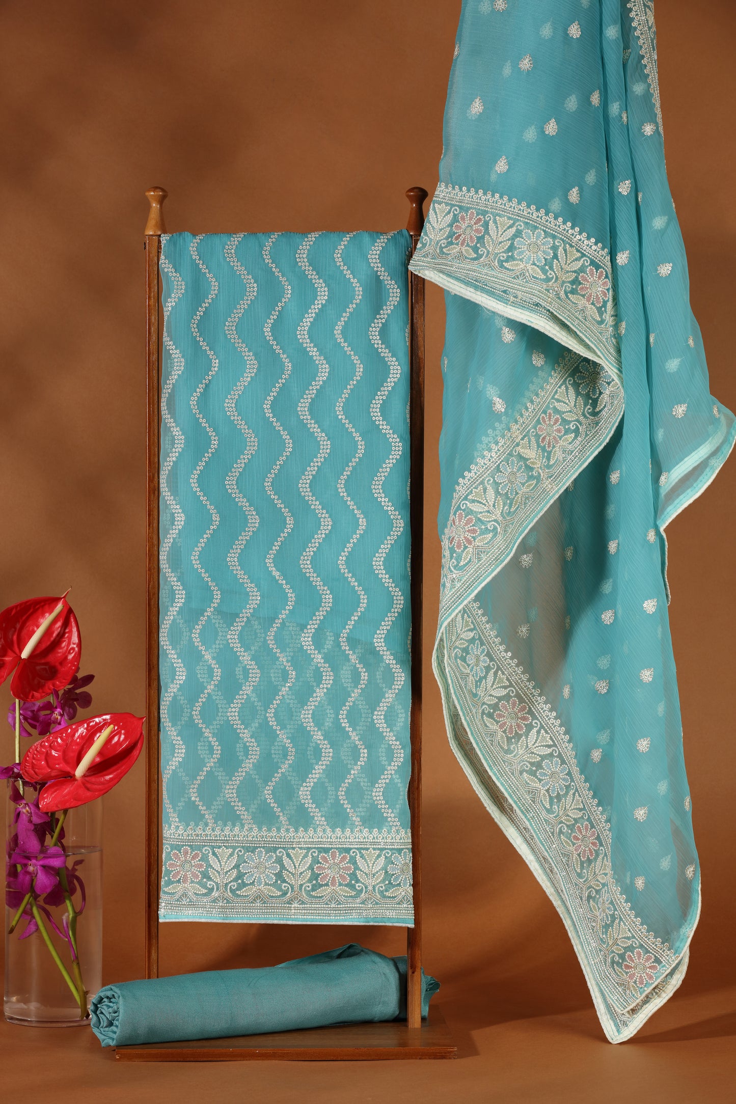 Blue Organza & Silk Unstitched Suit β Shine with Every Thread