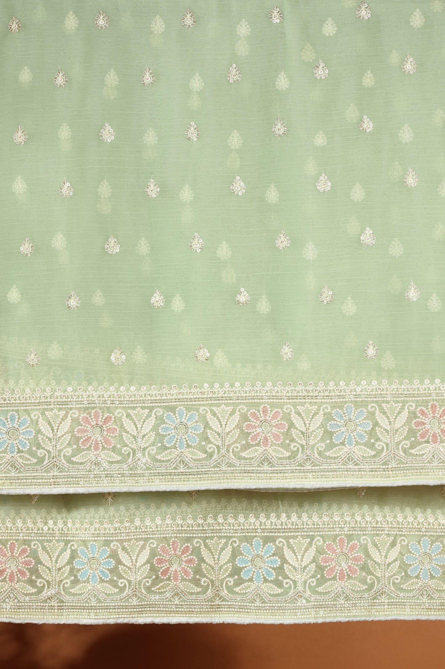 Green Organza & Kathan Silk Semi-Stitched Dress