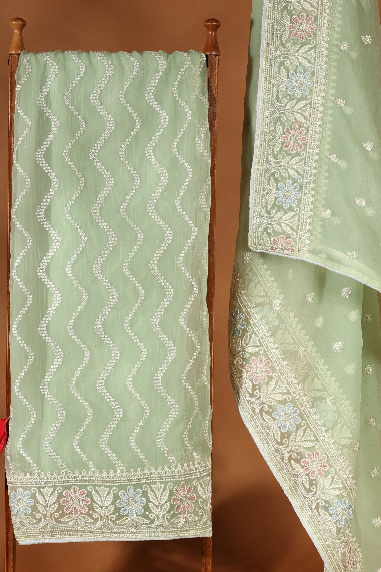 Green Organza & Kathan Silk Semi-Stitched Dress