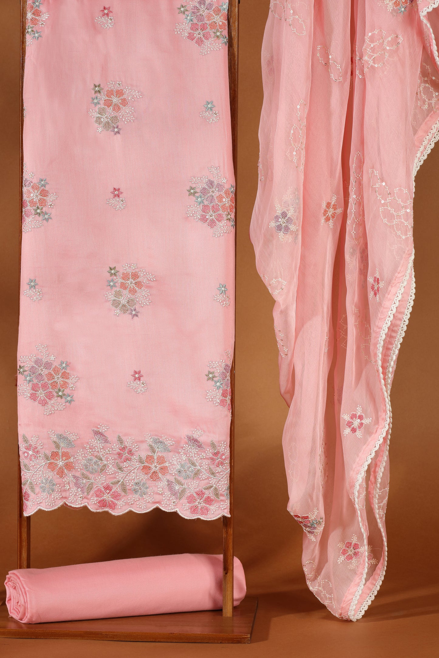Pink Kathan & Chinnon Unstitched Dress Material Suit for Women