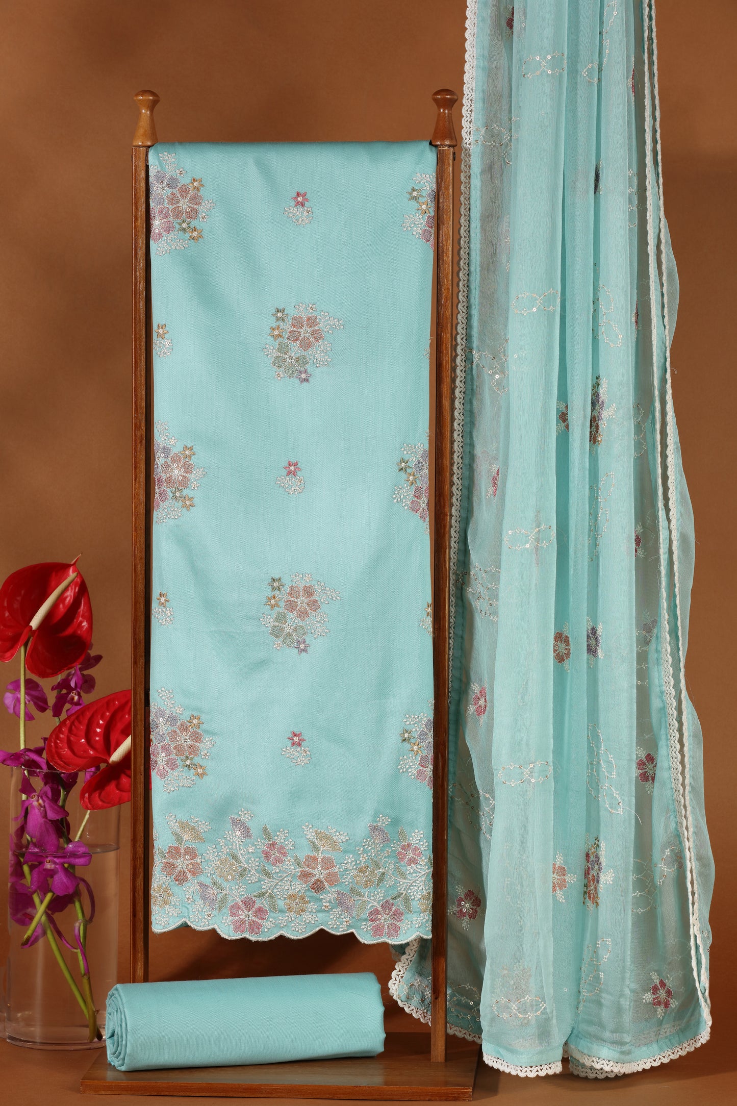 Blue Kathan & Chinnon Embroidered Semi-Stitched Dress Material Suit