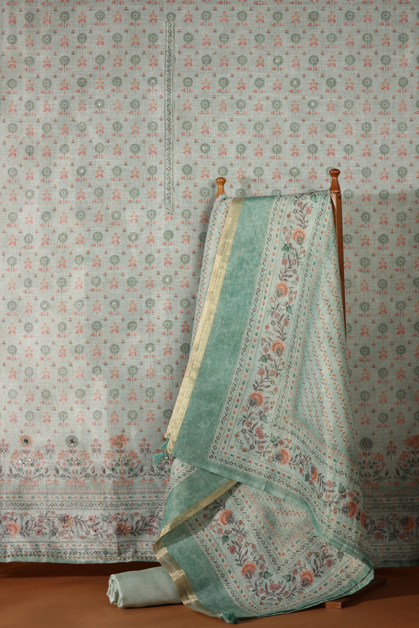 Green Printed Kathan Unstitched Dress Material Suit for Women
