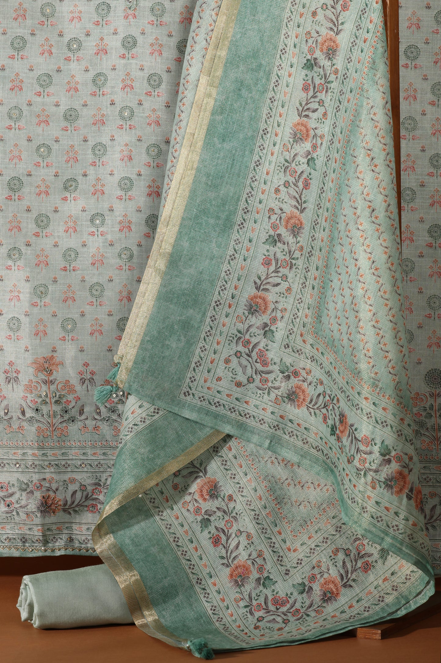 Green Printed Kathan Unstitched Dress Material Suit for Women