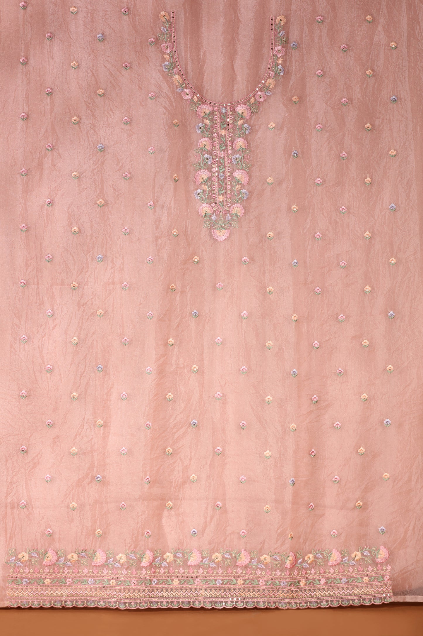 Pink Organza & Kathan Silk Suit Set with Resham Embroidery