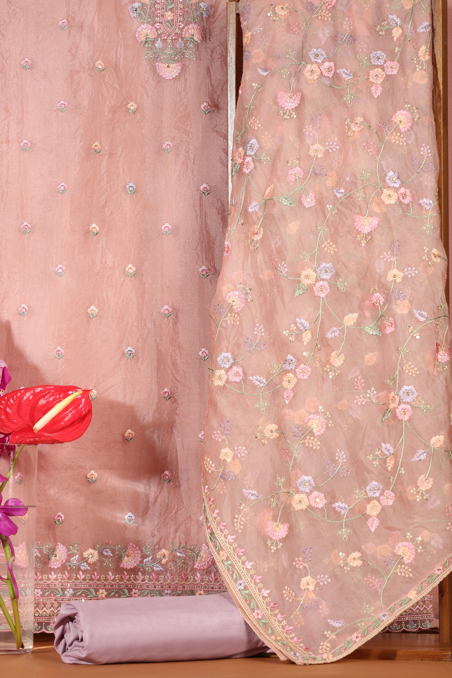 Pink Organza & Kathan Silk Suit Set with Resham Embroidery