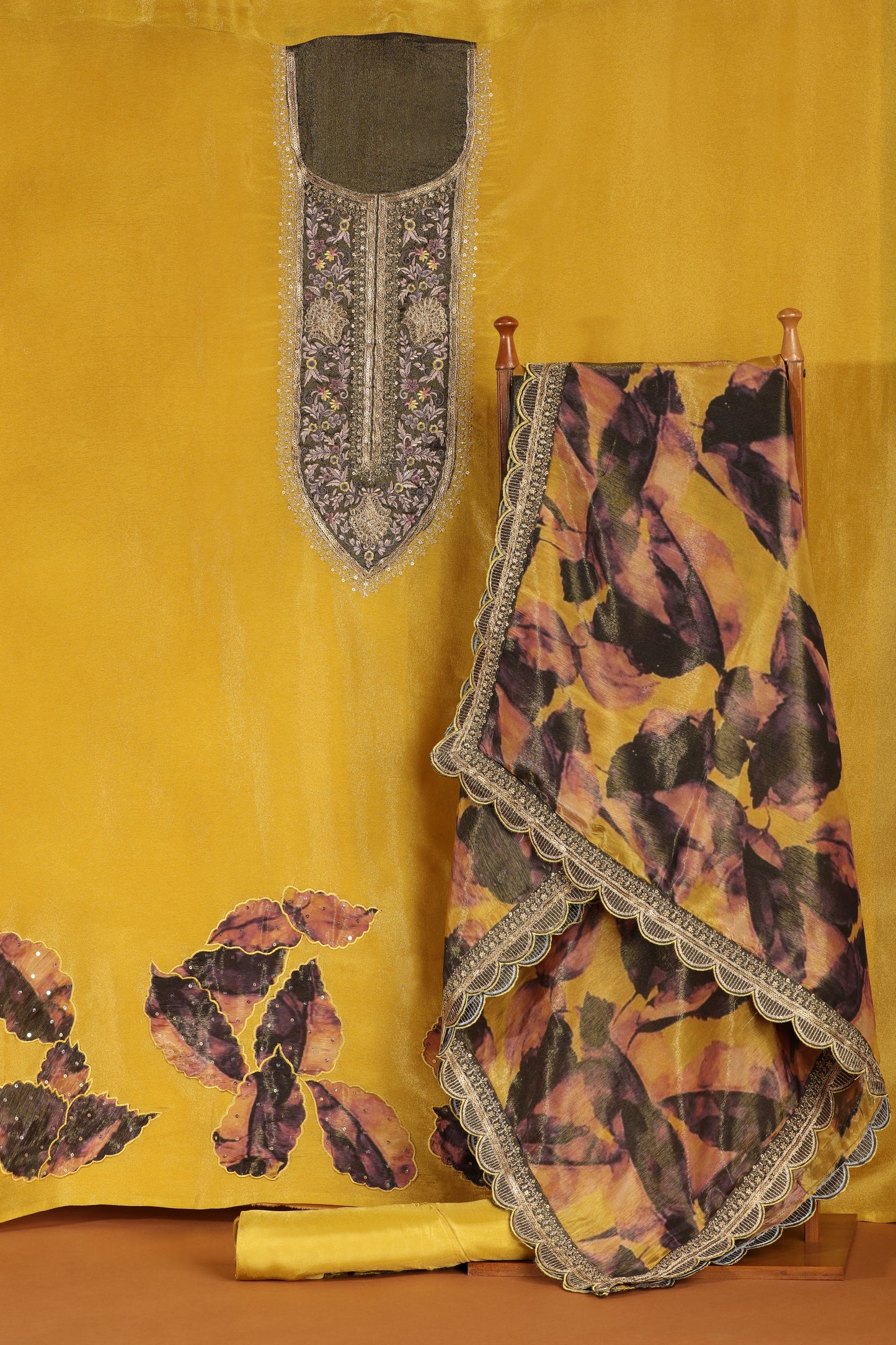 Golden Crepe Suit Set with Thread and Sequin Detailing