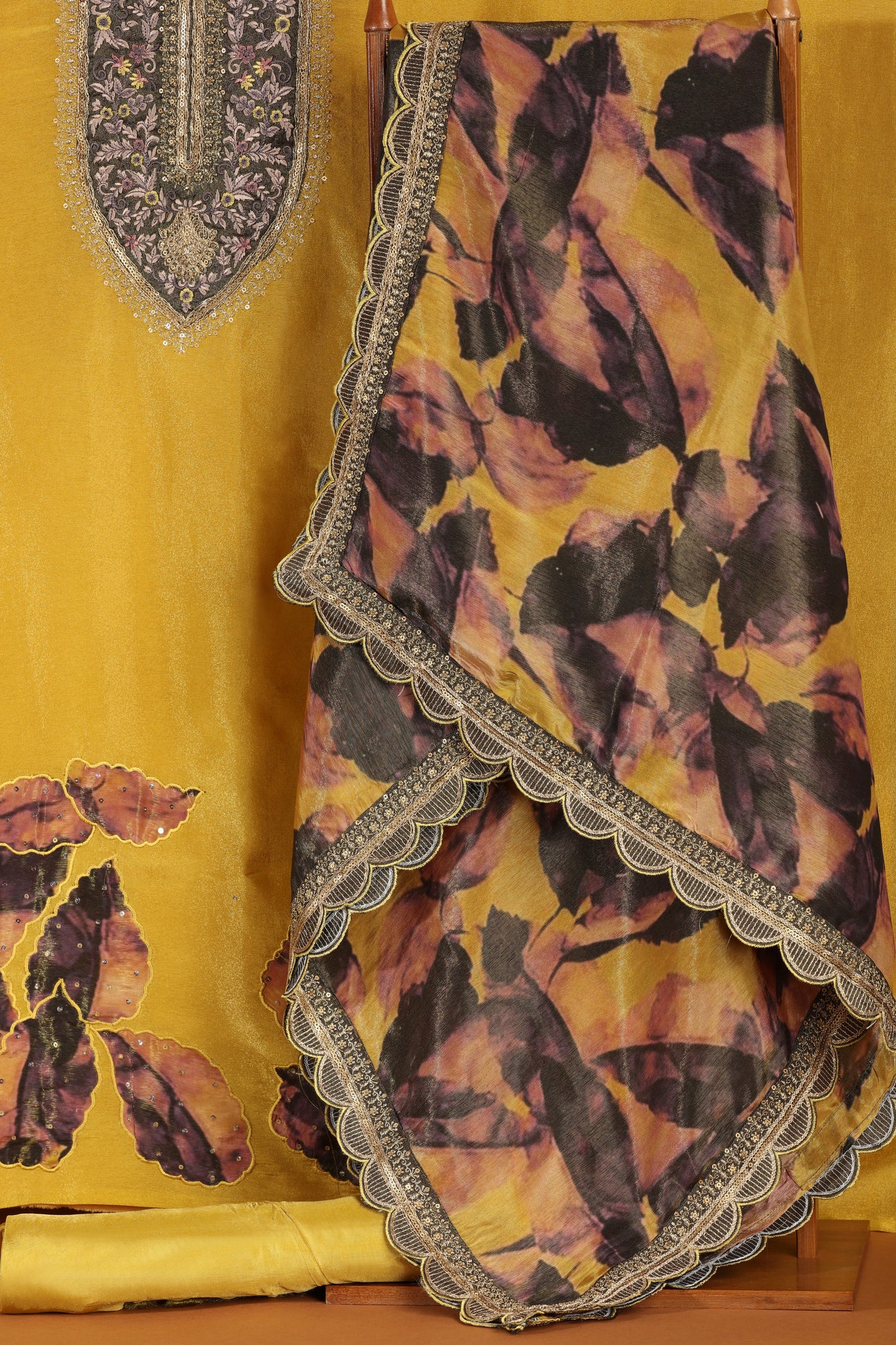 Golden Crepe Suit Set with Thread and Sequin Detailing