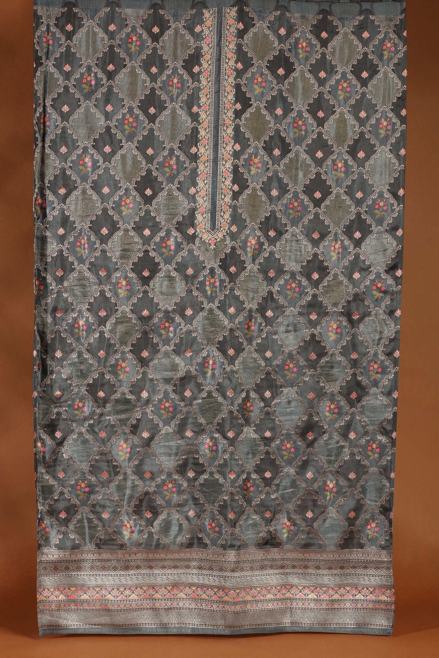 Elegant Grey Printed Cotton & Organza Suit Set