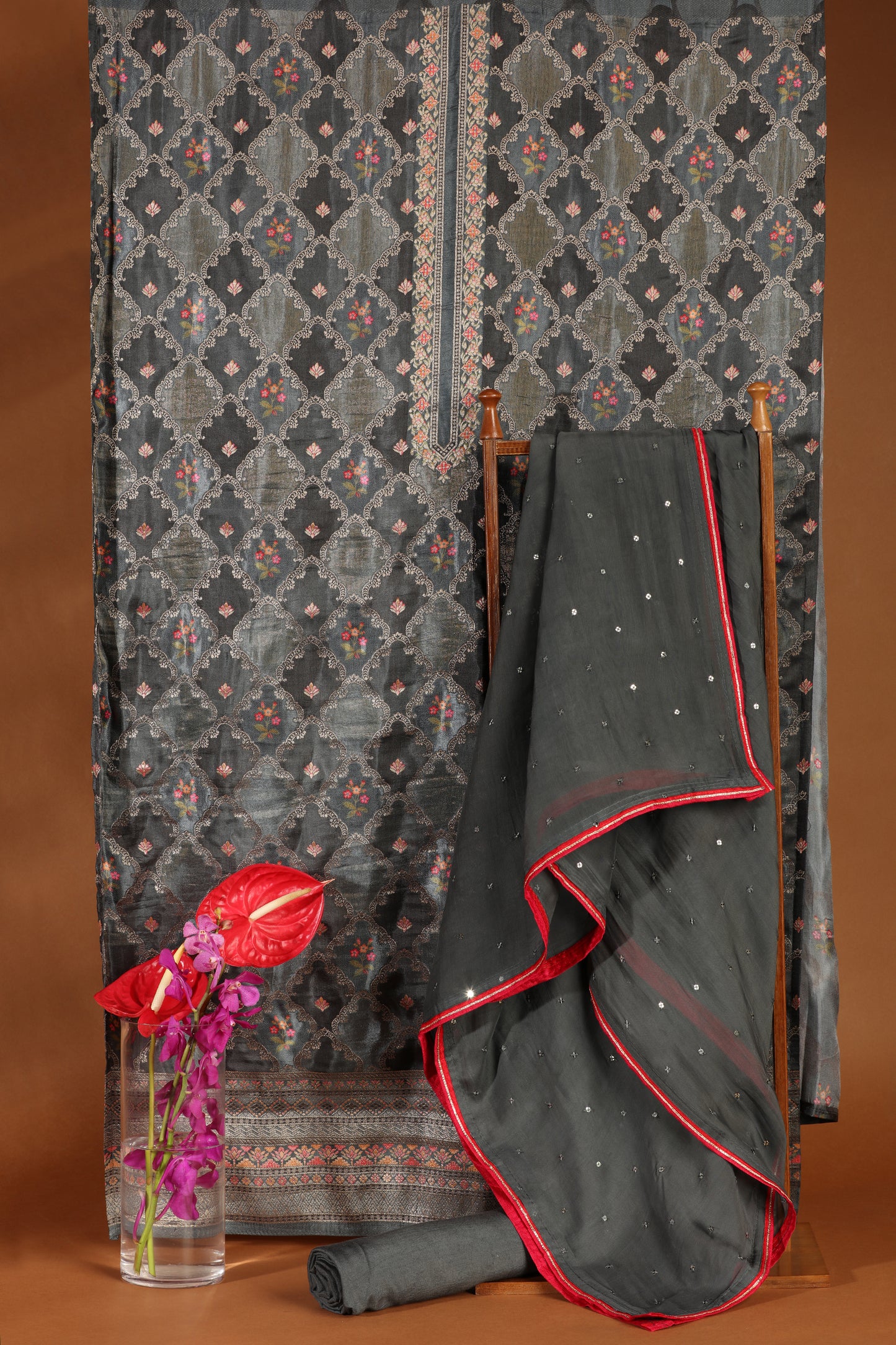 Elegant Grey Printed Cotton & Organza Suit Set
