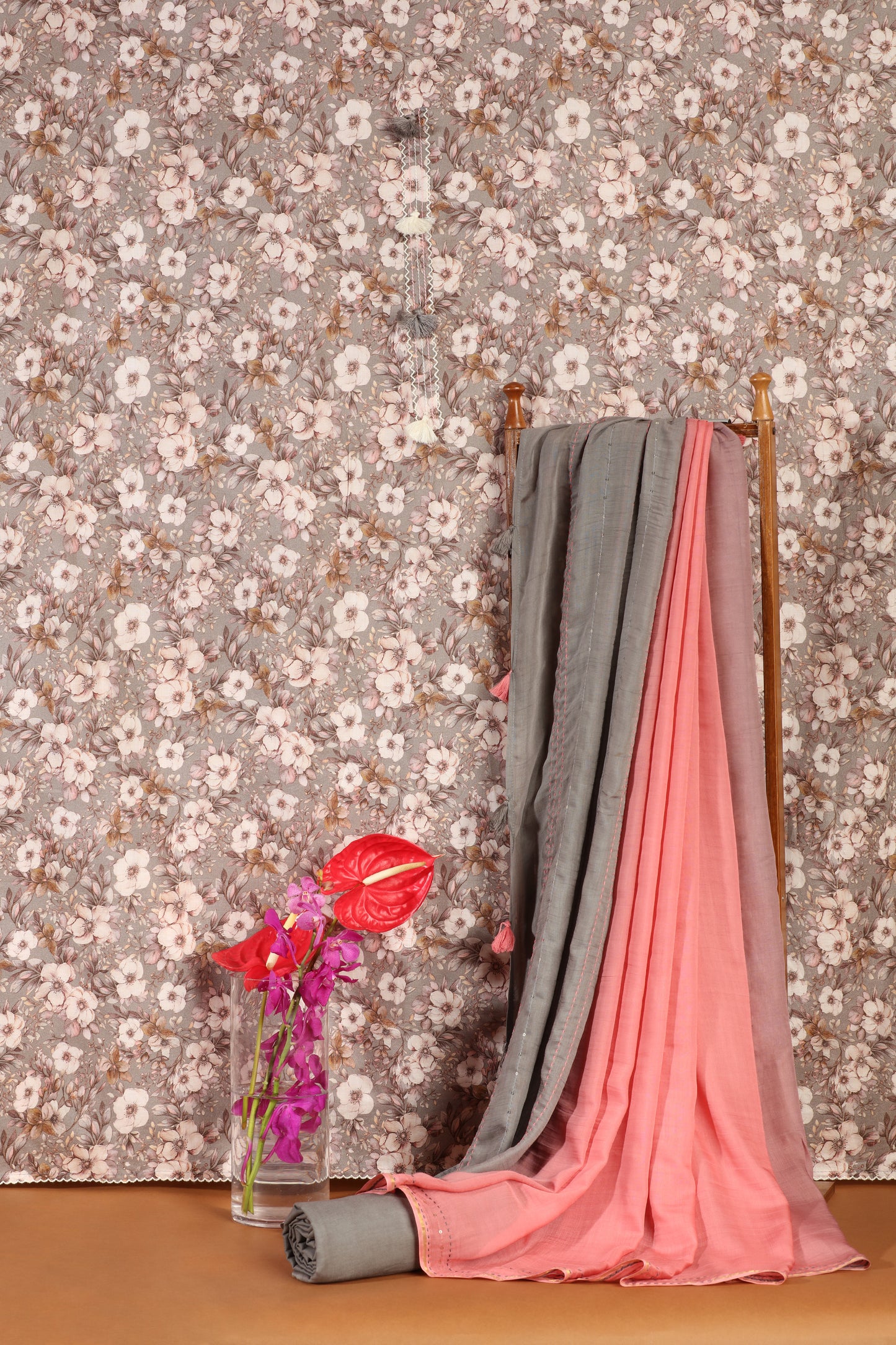 Grey Printed Cotton Suit Set with Red Salwaar & Pink Dupatta