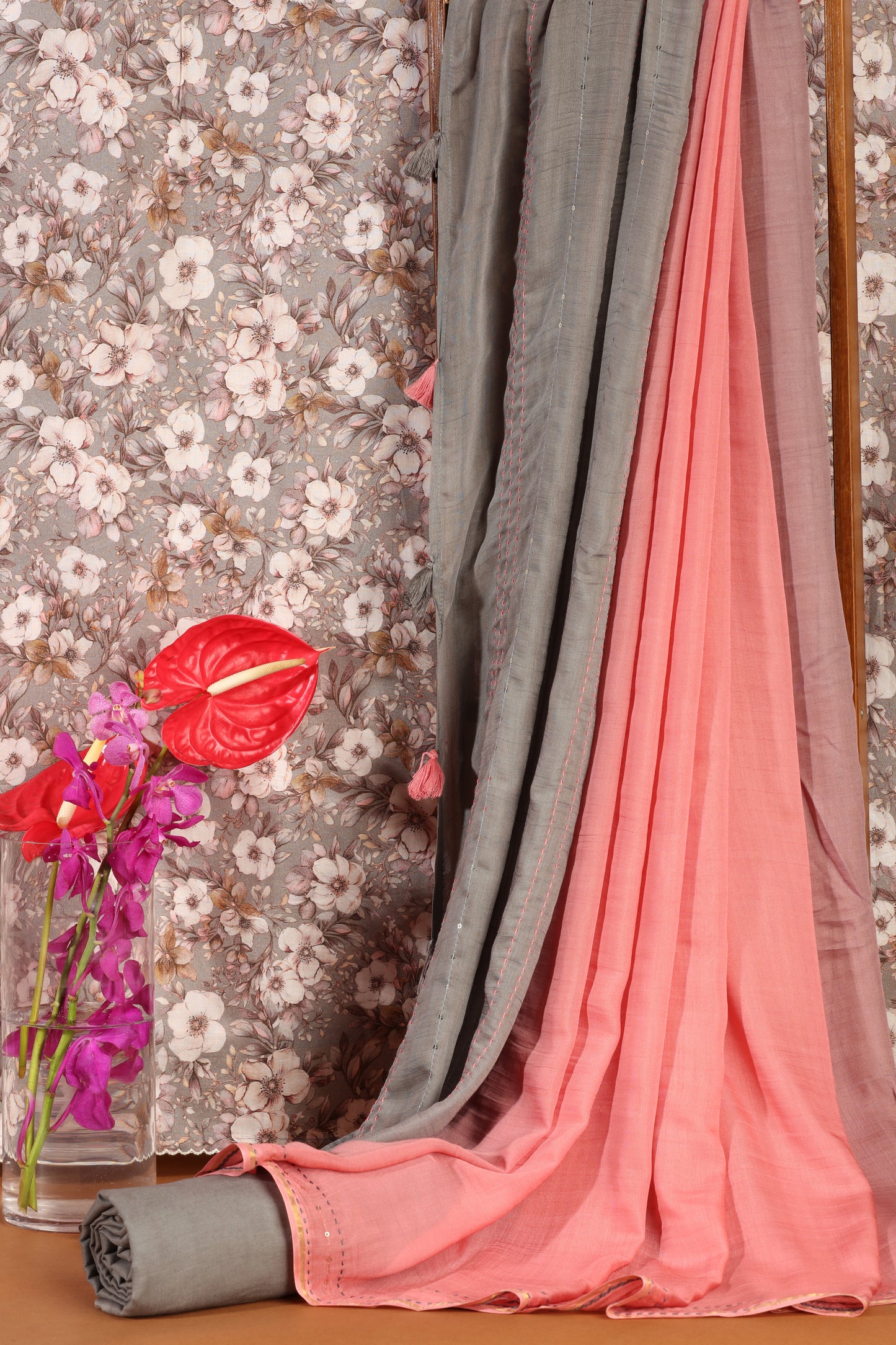 Grey Printed Cotton Suit Set with Red Salwaar & Pink Dupatta