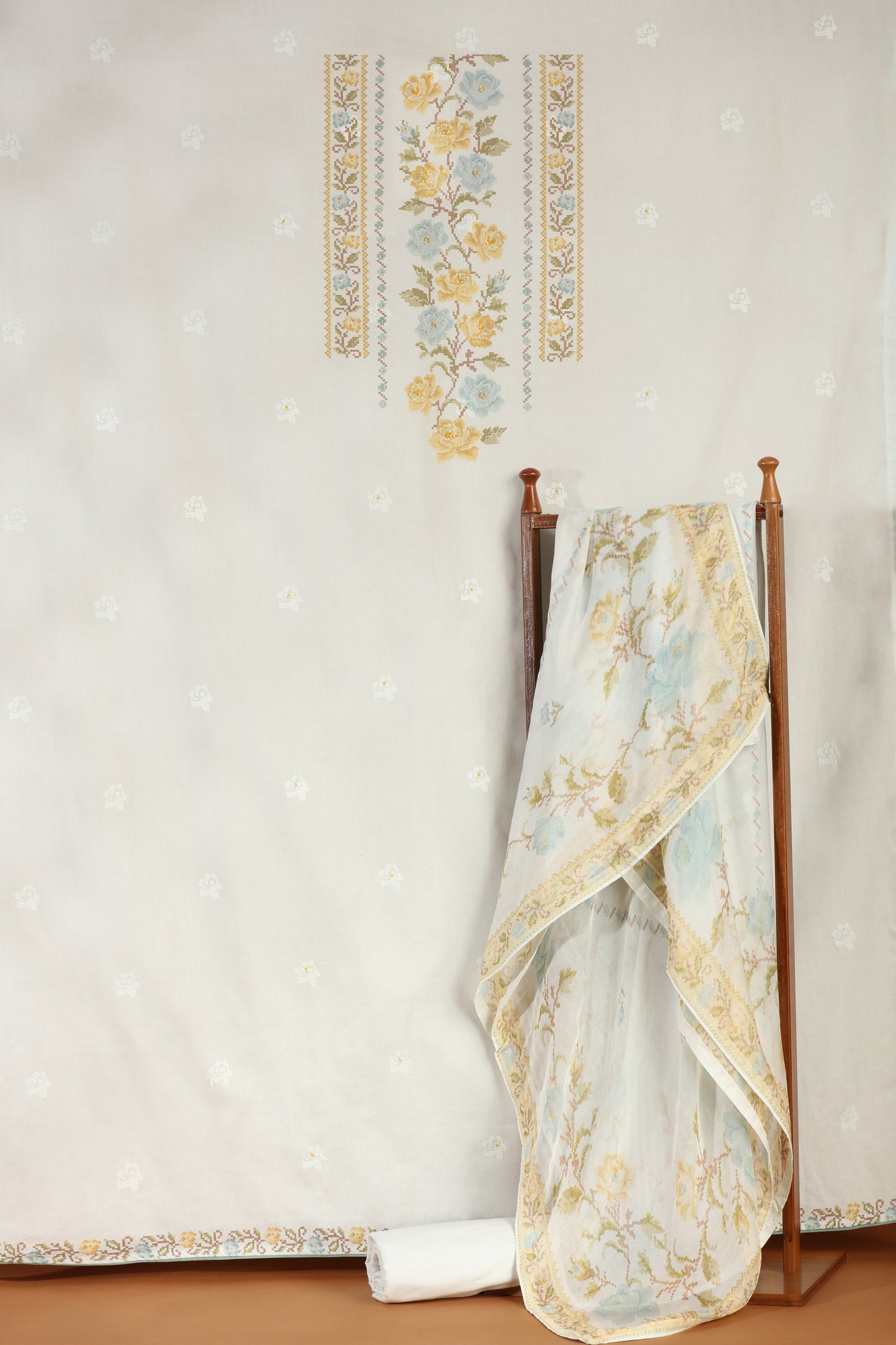 Royal Blue Embellished Cotton Suit Set with Chiffon Dupatta