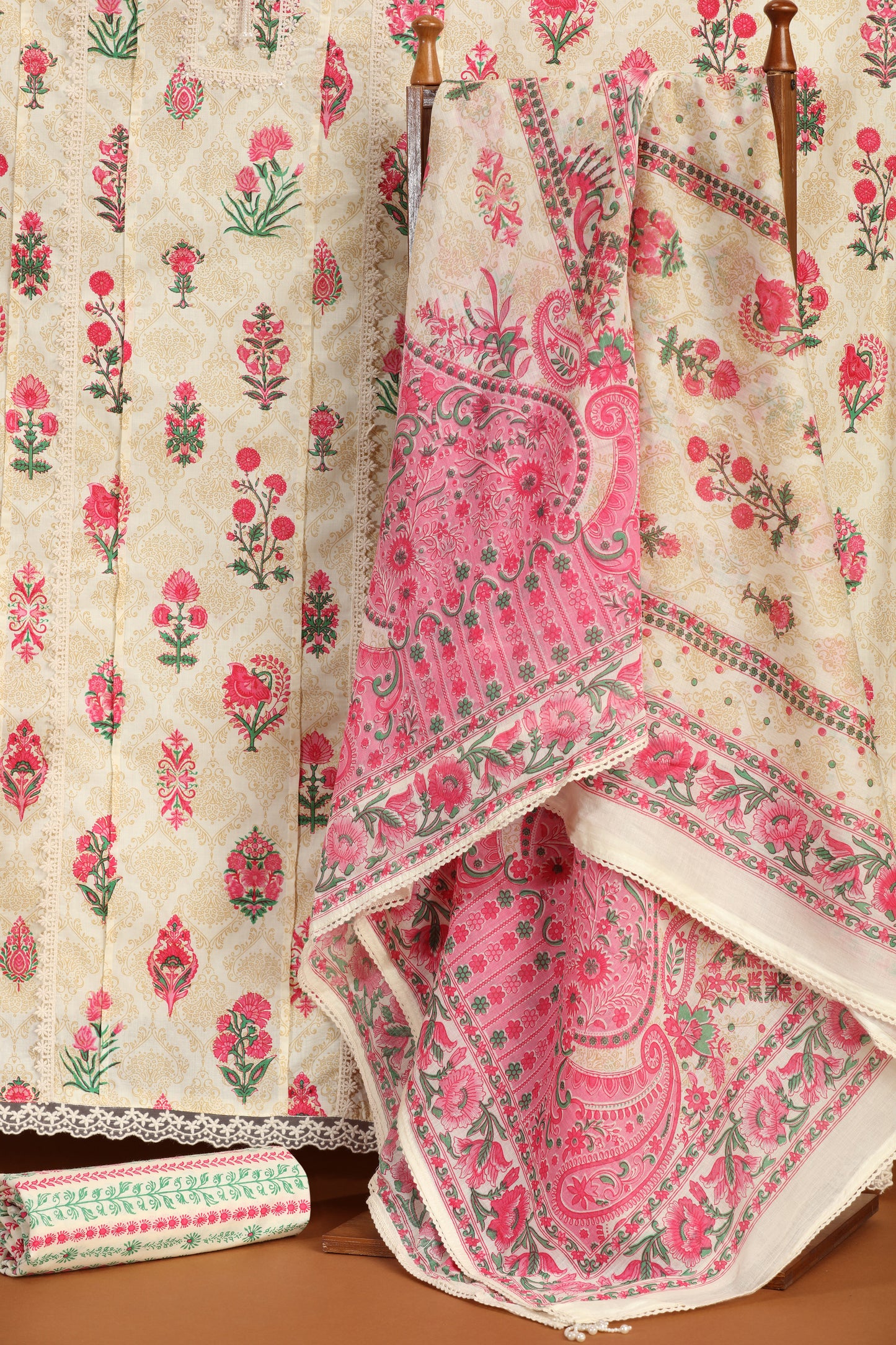 White Printed Kathan Silk Unstitched Dress Material Suit