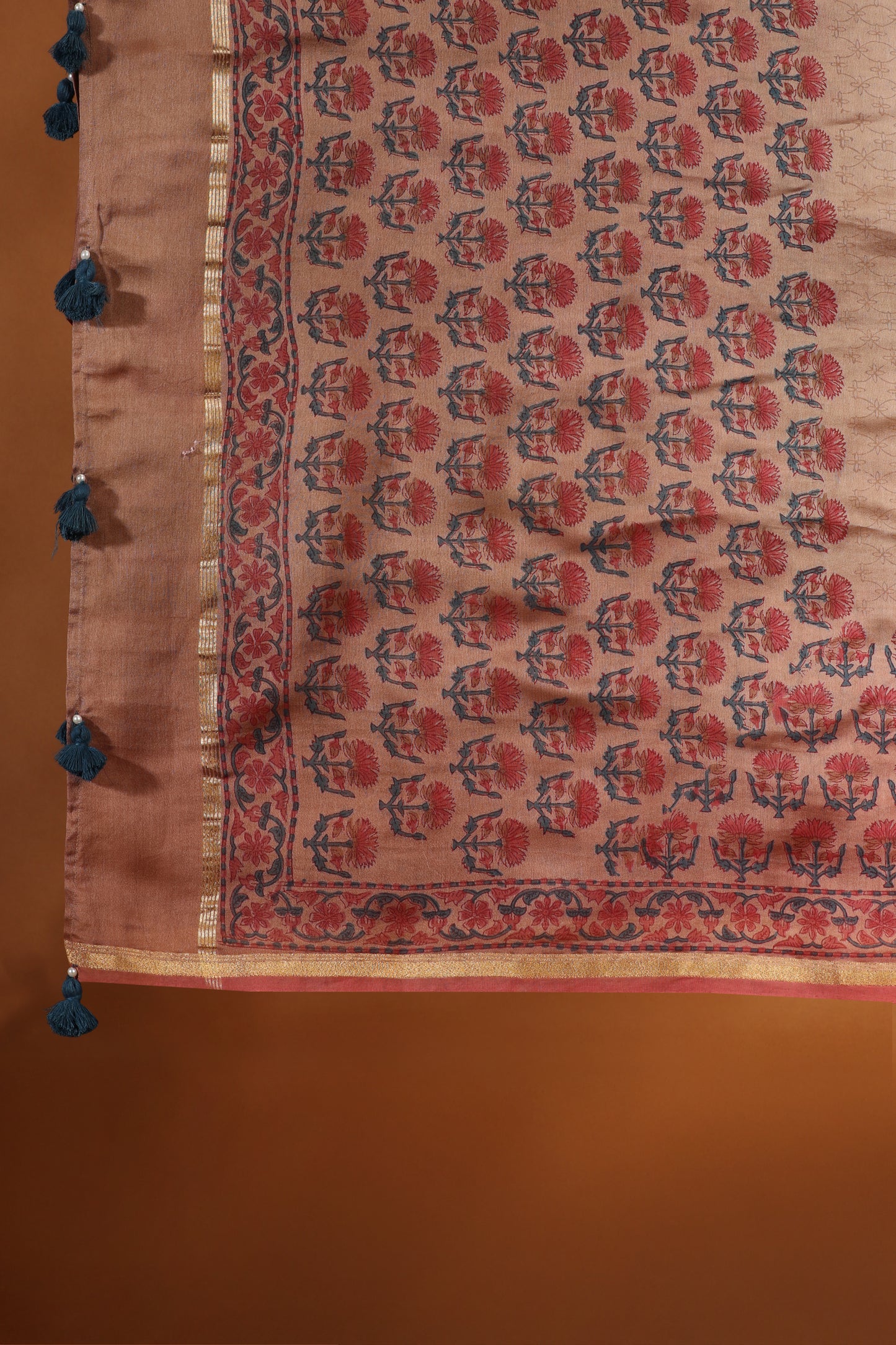 Orange & Beige Printed Cotton-Chanderi Suit Set