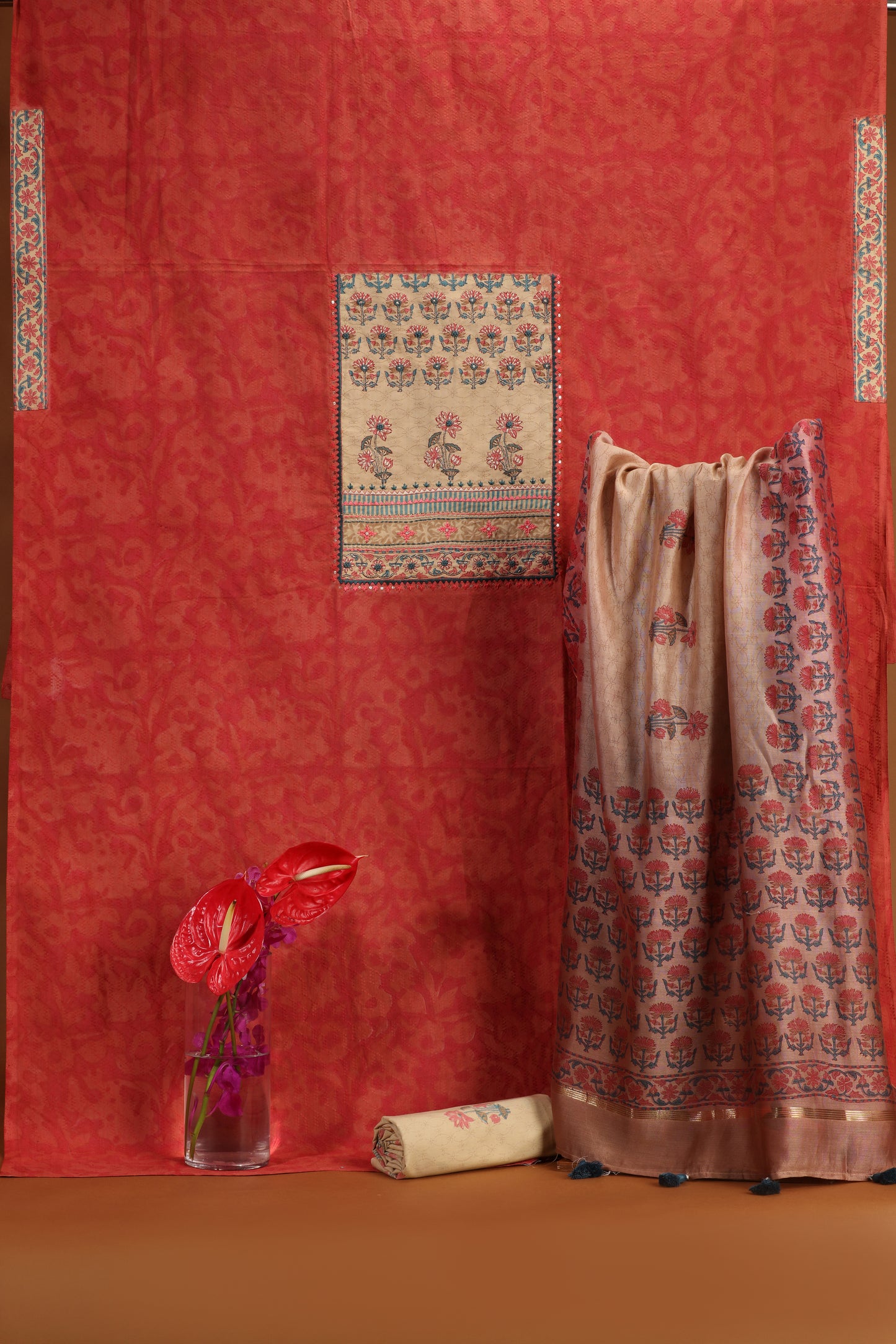 Orange & Beige Printed Cotton-Chanderi Suit Set