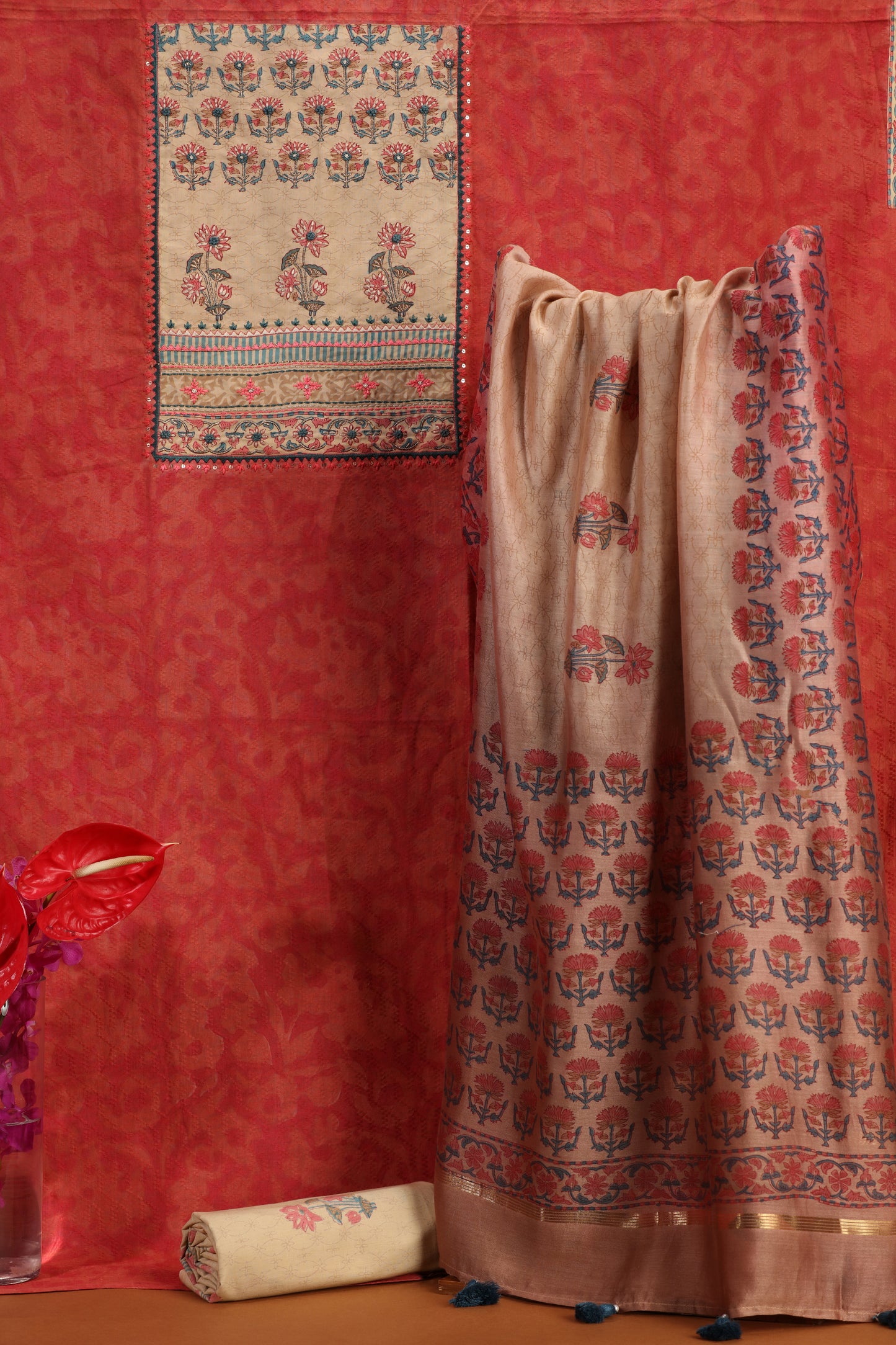 Orange & Beige Printed Cotton-Chanderi Suit Set