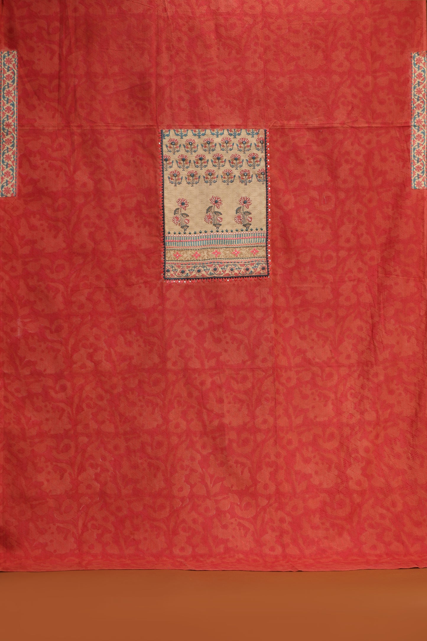 Orange & Beige Printed Cotton-Chanderi Suit Set