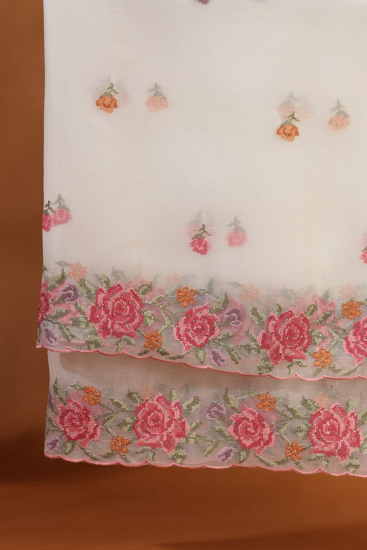 Diamond & Resham Embroidered White Dress Material Suit