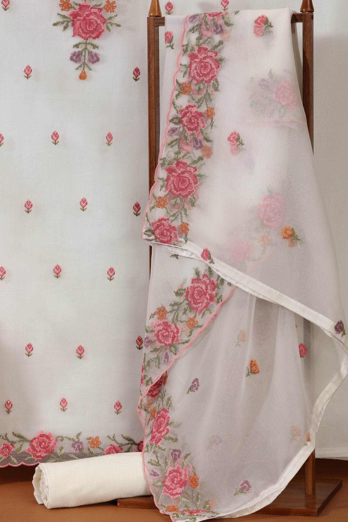 Diamond & Resham Embroidered White Dress Material Suit