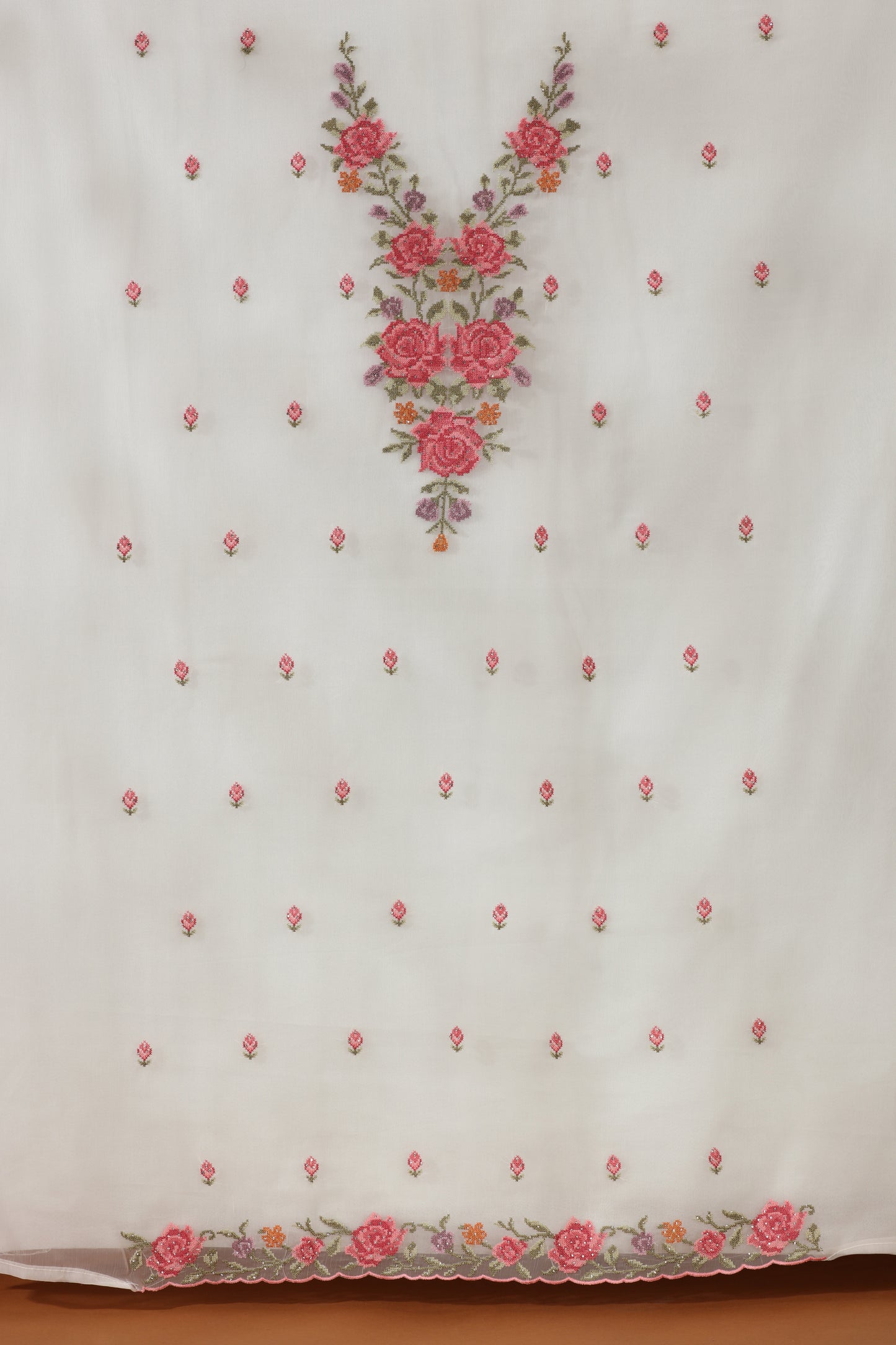 Diamond & Resham Embroidered White Dress Material Suit