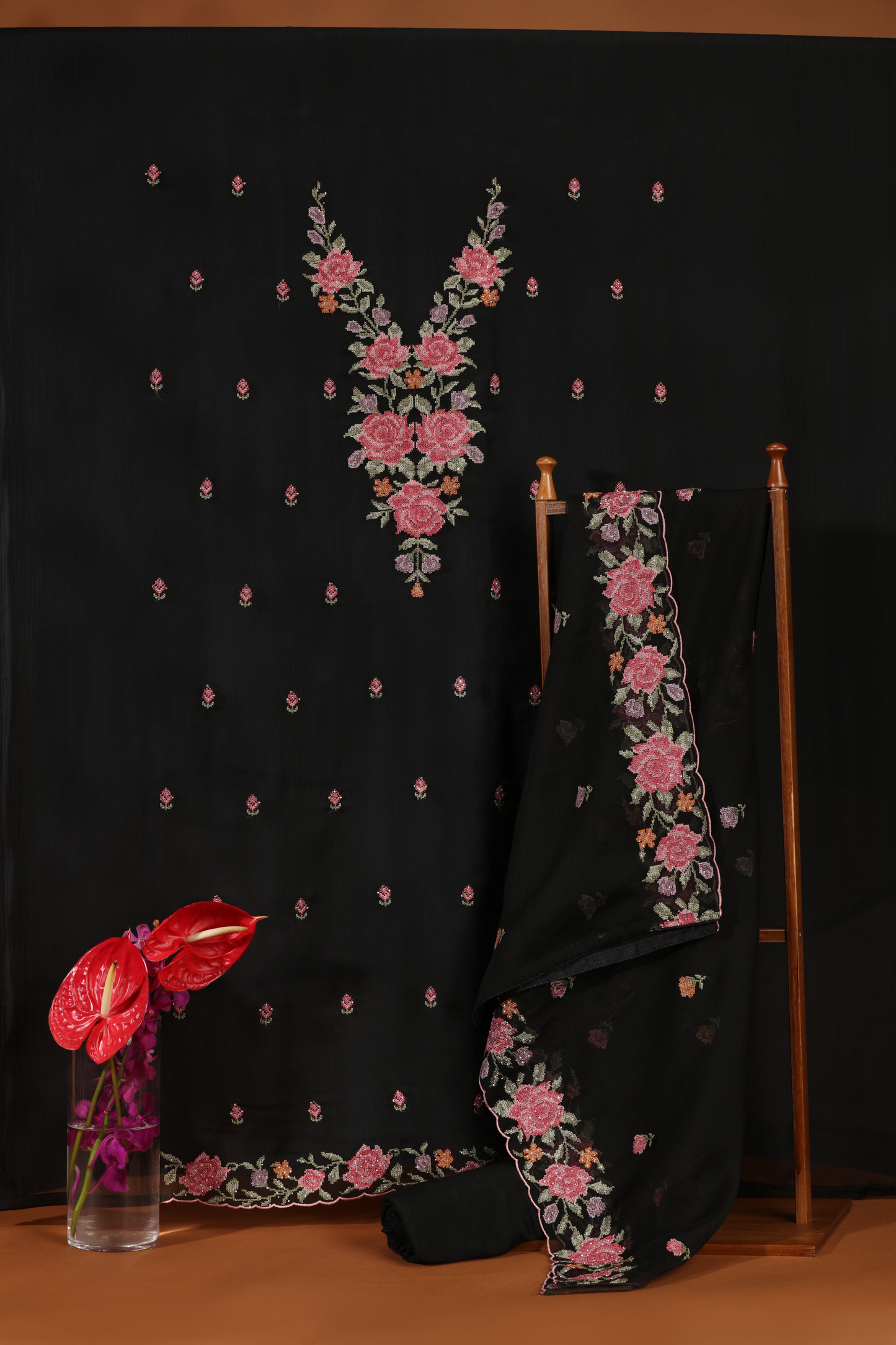 Black Diamond & Resham Embroidered Dress Material Suit